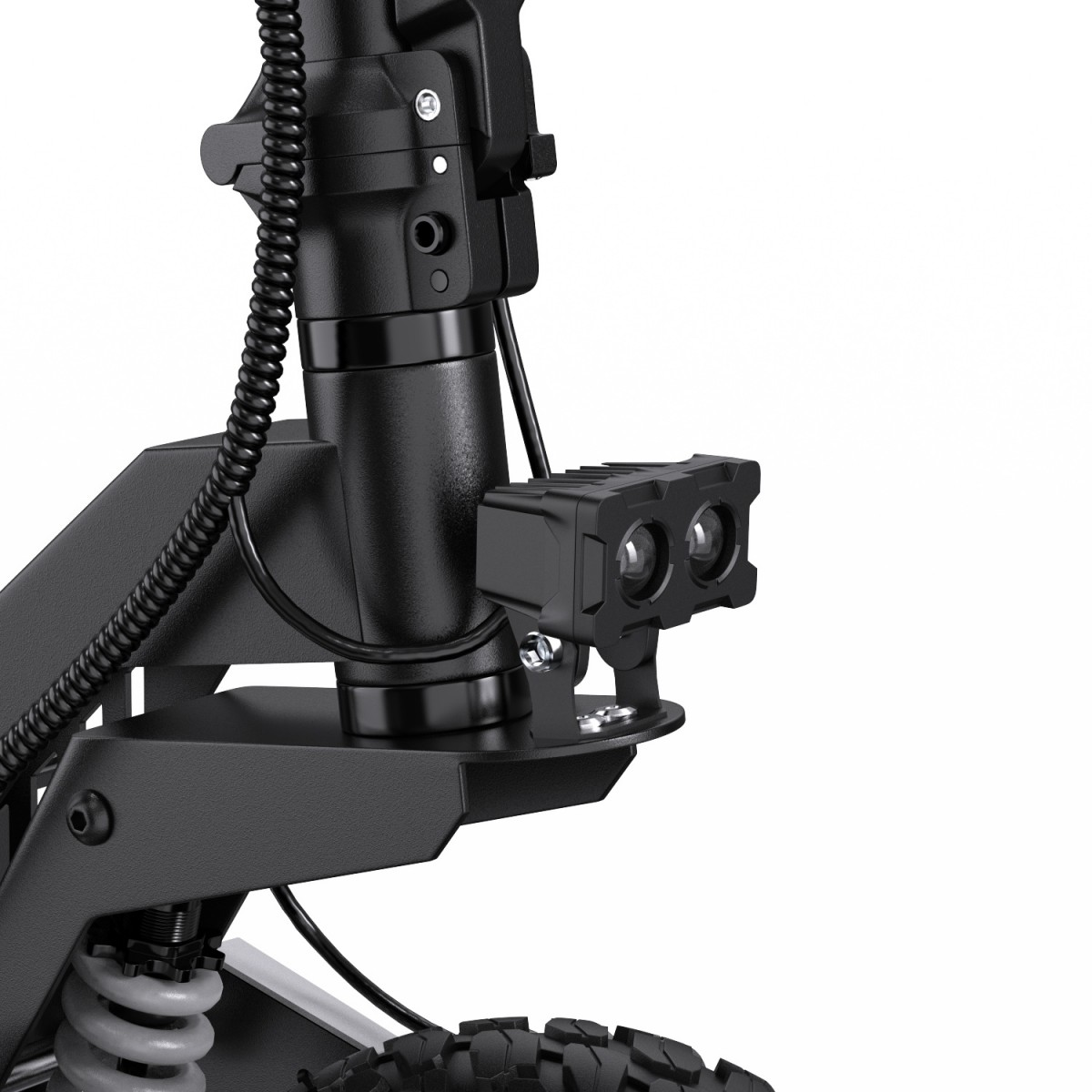 Szczegóły czarnej hulajnogi elektrycznej. Reflektor z dwiema soczewkami, zawieszenie sprężynowe i kierownica. Izolowane na białym tle.