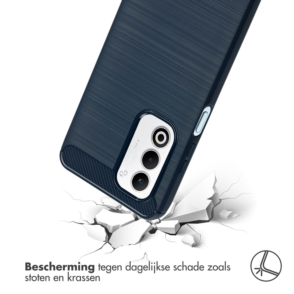 Blauwe telefoonhoes op witte gebarsten grond. Tekst: bescherming tegen dagelijkse schade, zoals stoten en krassen.