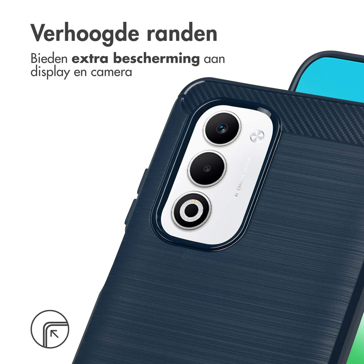 Een donkerblauwe telefoonhoes met tekst. Het heeft een cameramodule met drie lenzen. Het biedt extra bescherming voor het scherm en de camera.