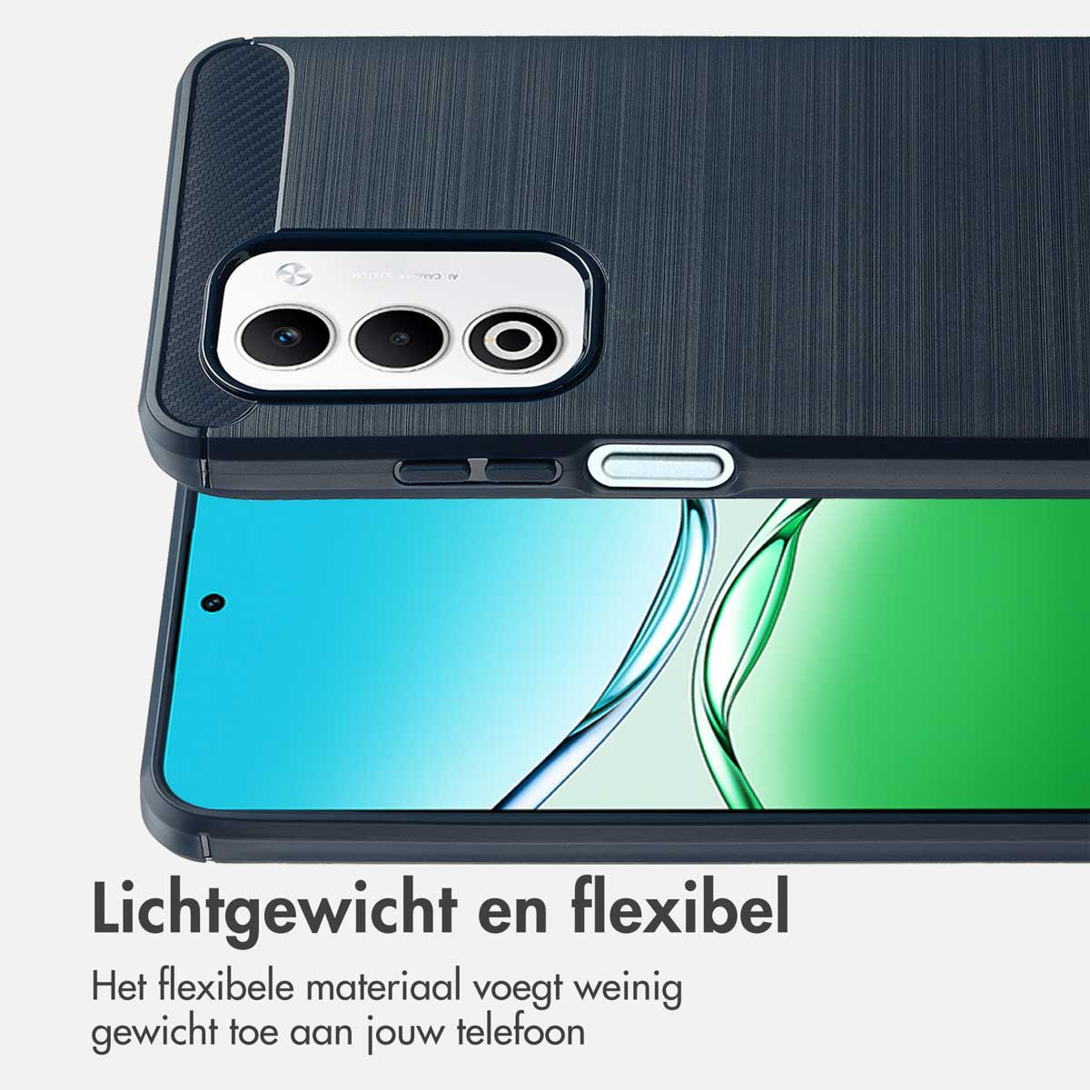 Een telefoonhoesje met camera. Tekst: Lichtgewicht en flexibel. Het flexibele materiaal voegt weinig gewicht toe aan je telefoon.