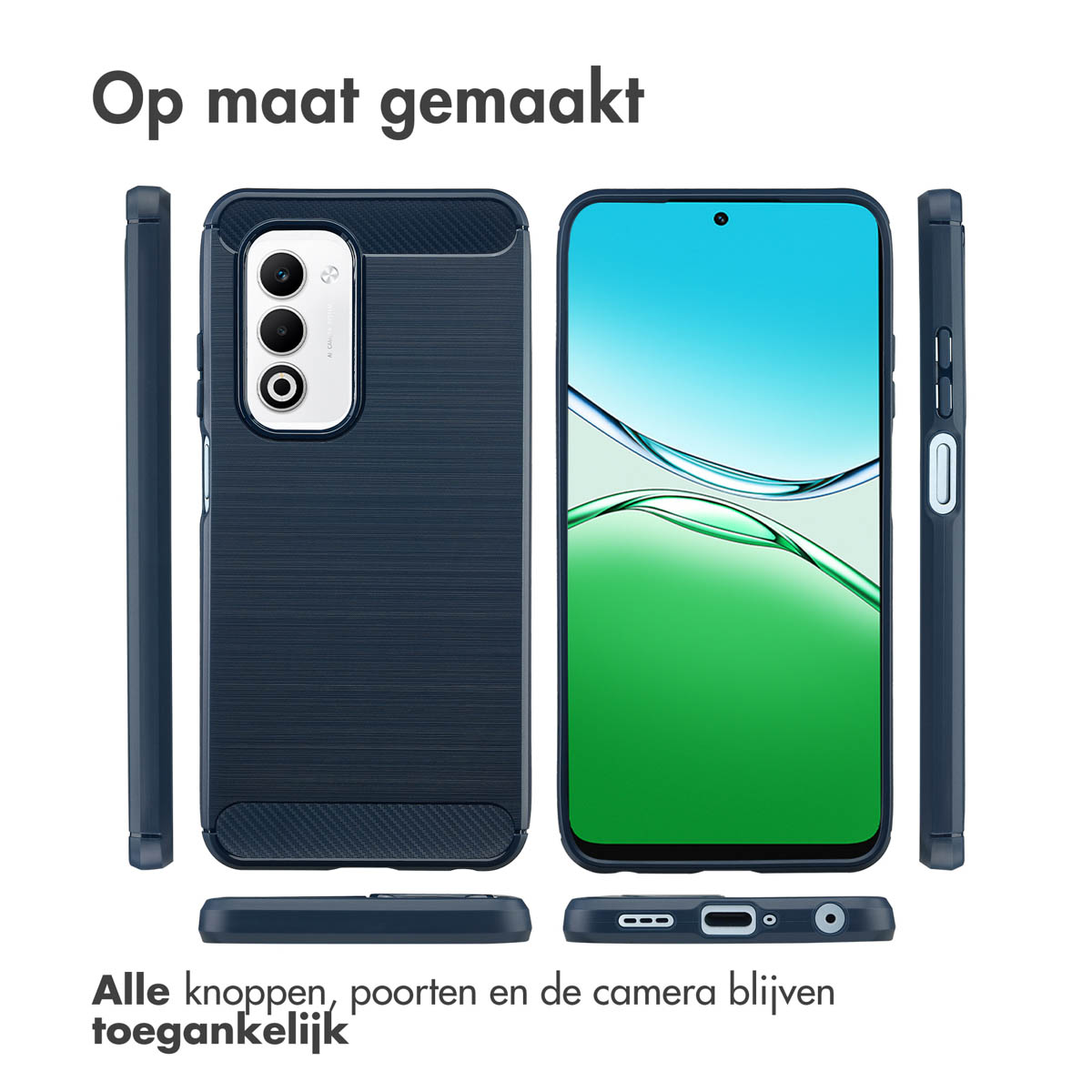 Telefoonhoesjes set. Inclusief voor-, achter- en zijaanzichten van een donkerblauwe telefoonhoes met een telefoon. Tekst zegt: 'Op maat gemaakt'.
