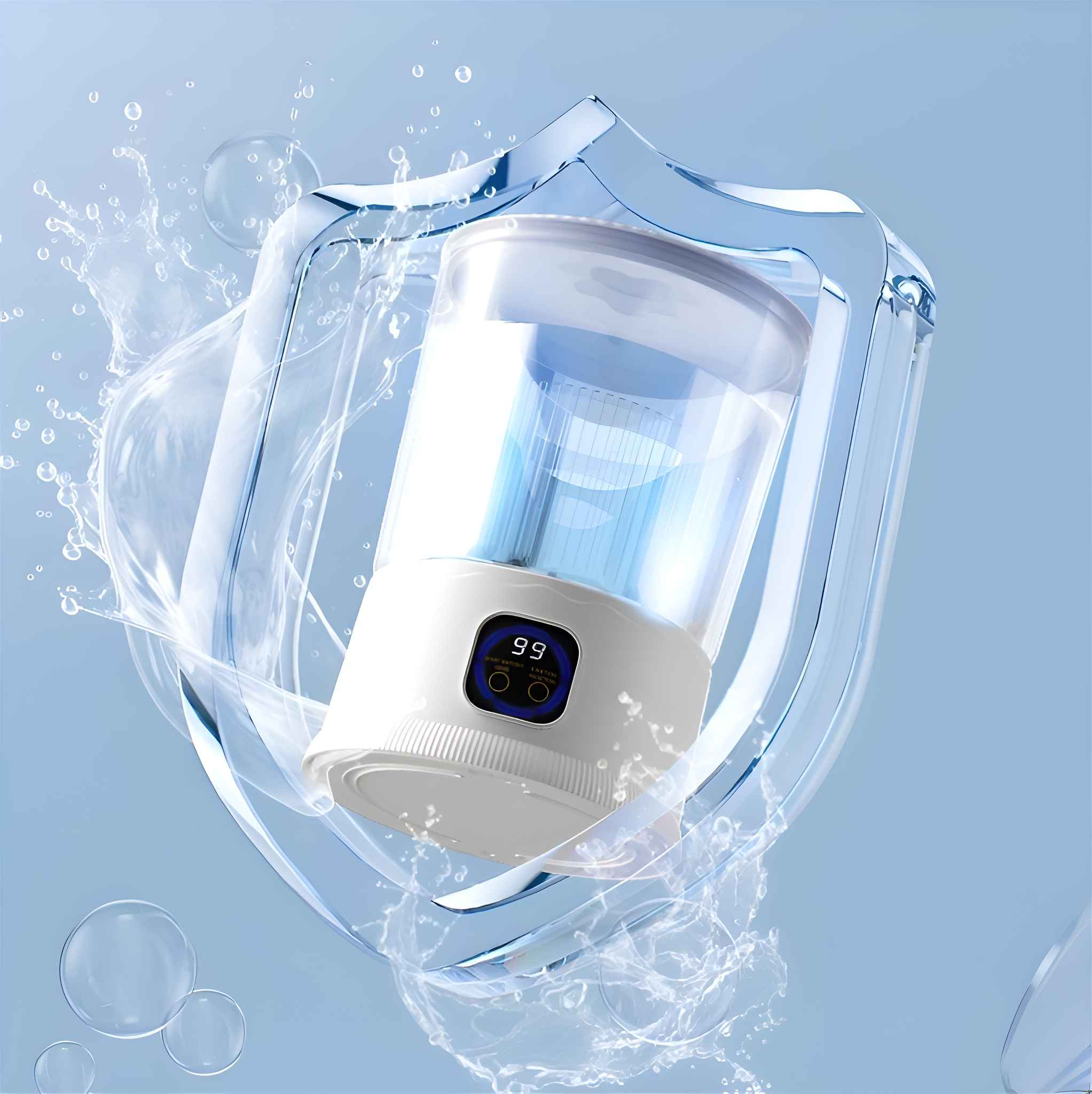 Ein weißes und transparentes Gerät ist von Wasserspritzern umgeben, innerhalb einer schildartigen Struktur, mit Digitalanzeige.