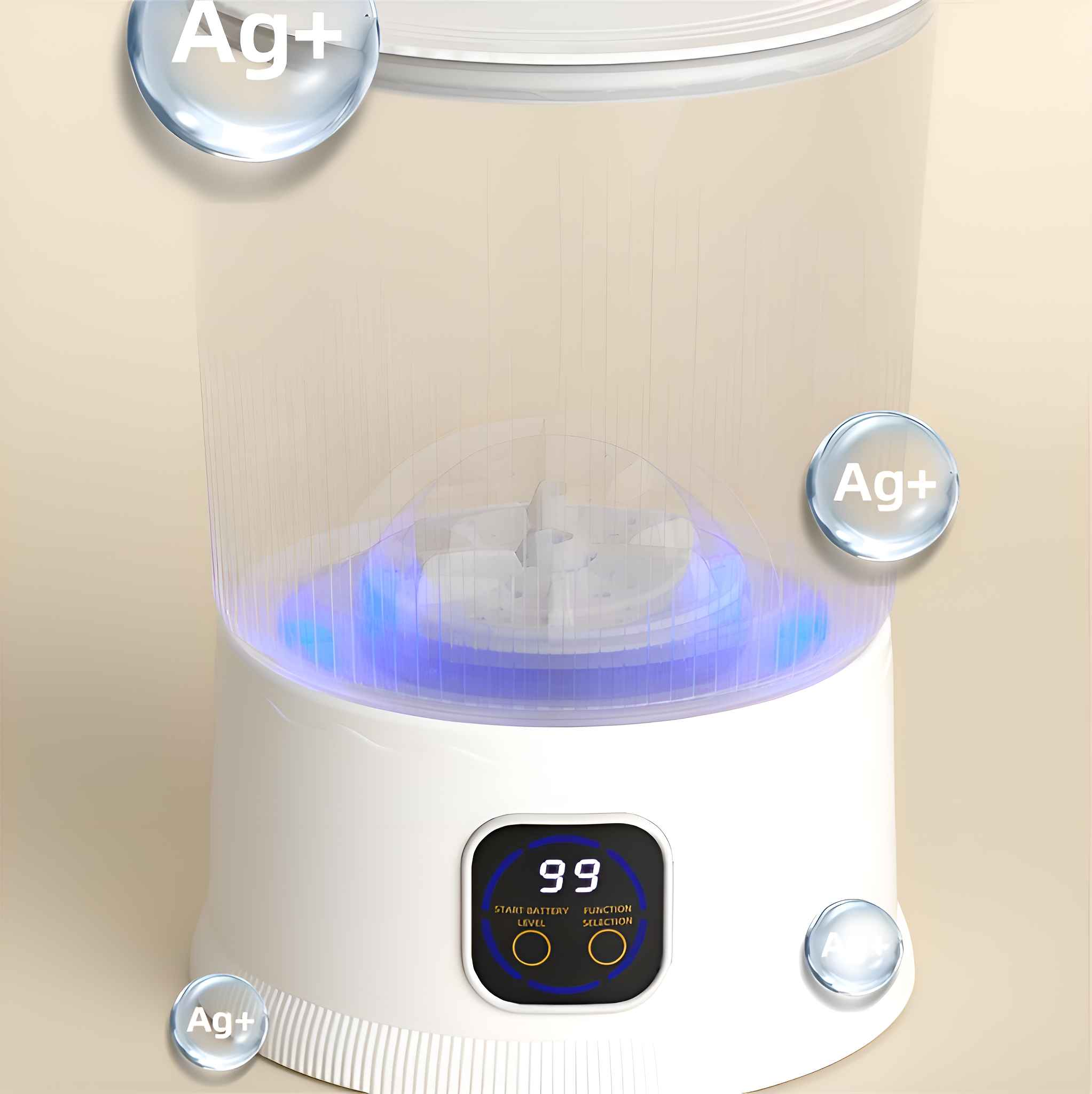Weißer und transparenter Mixer mit blauem Licht an der Basis. Ag+-Symbole sind vorhanden. Das Display zeigt '99'.