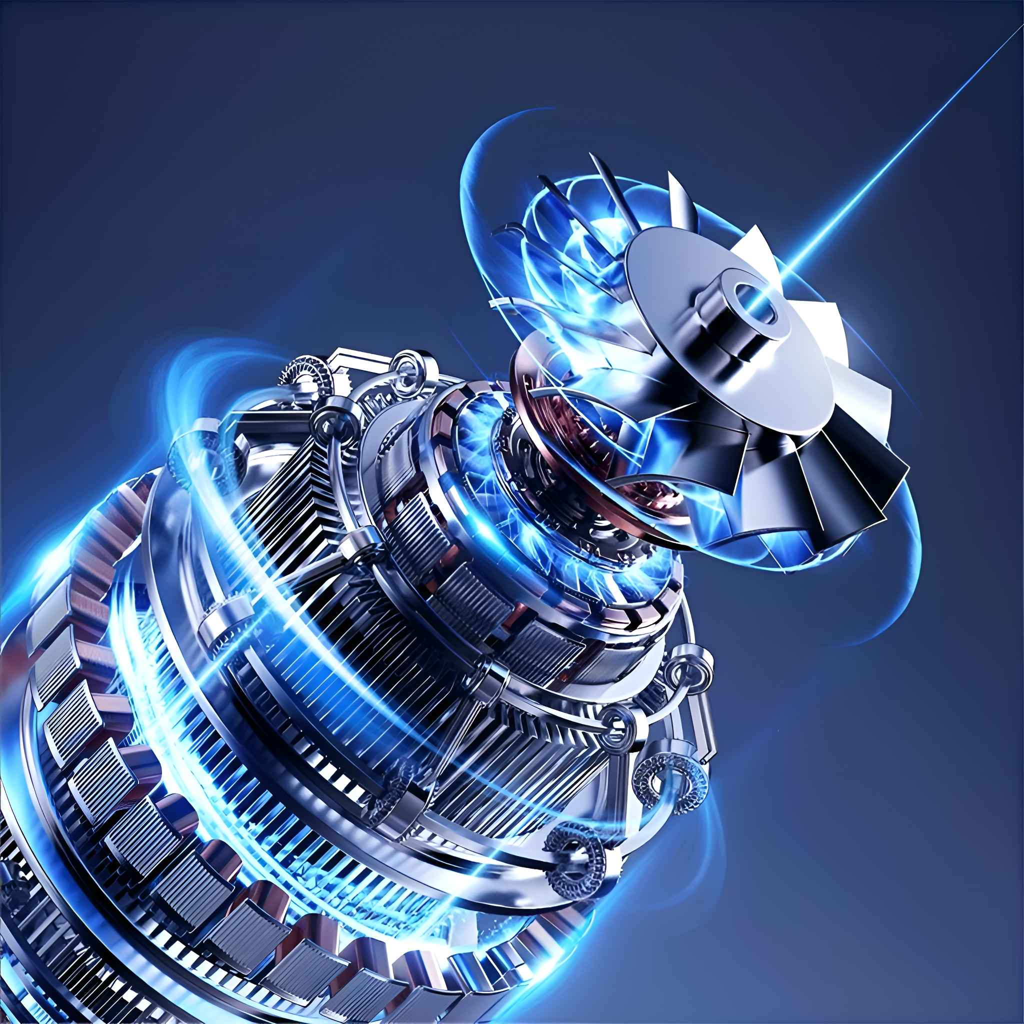 Ein detaillierter mechanischer Motor mit komplexen Metallkomponenten und blauen Energieflüssen vor dunklem Hintergrund.