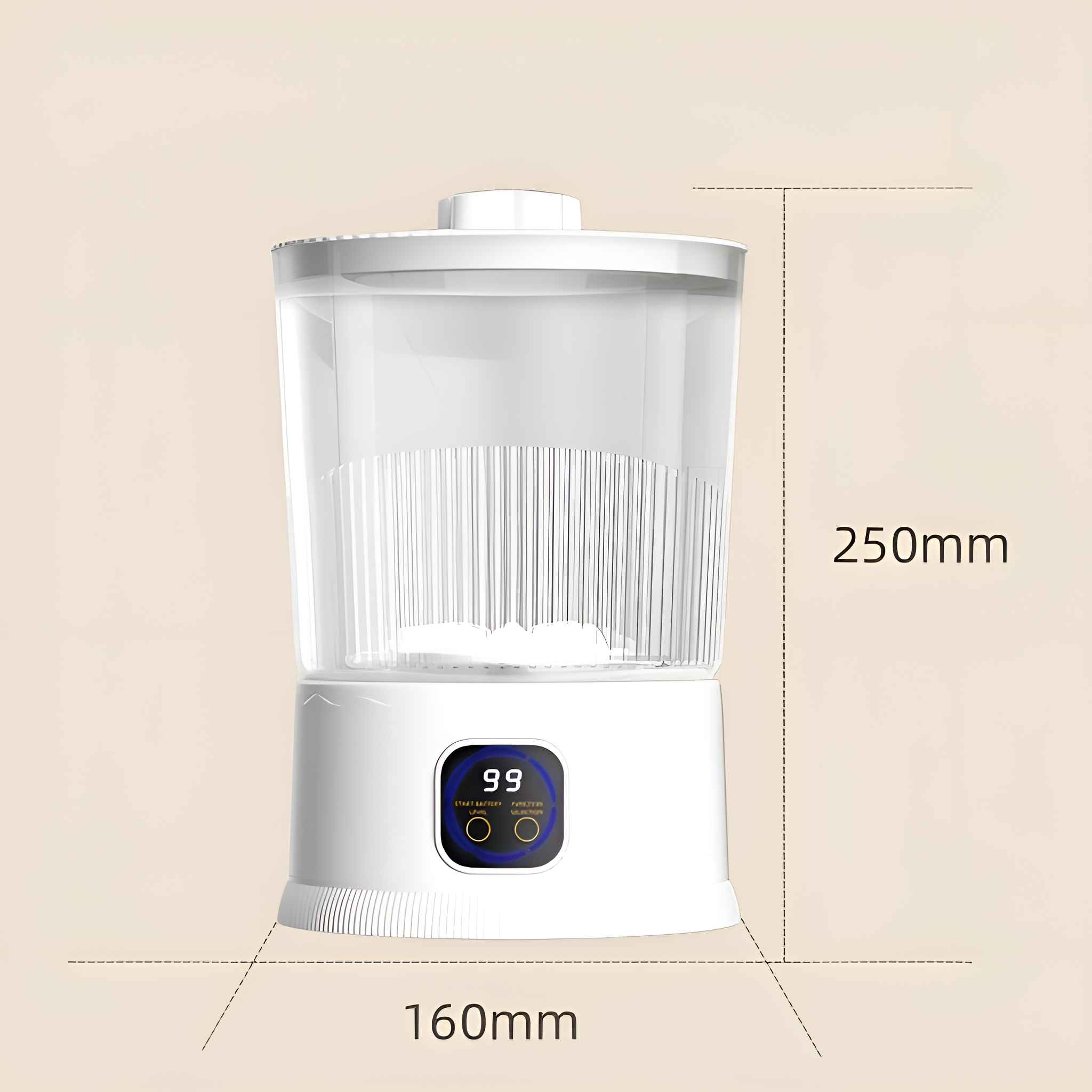 Weißer Wasserreiniger mit Digitalanzeige mit der Anzeige '99'. Abmessungen: 160 mm x 250 mm. Beigefarbener Hintergrund.