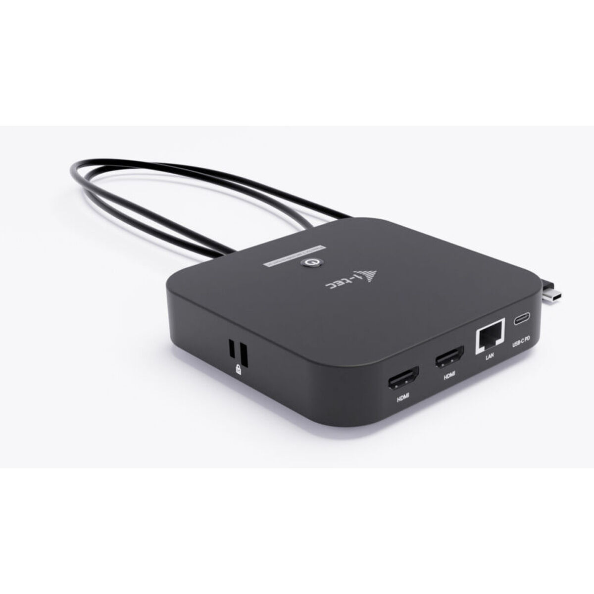 Ein schwarzes I-TEC-Gerät mit HDMI-, LAN- und USB-C-Anschlüssen. Es hat ein Stromkabel und befindet sich auf weißem Hintergrund.