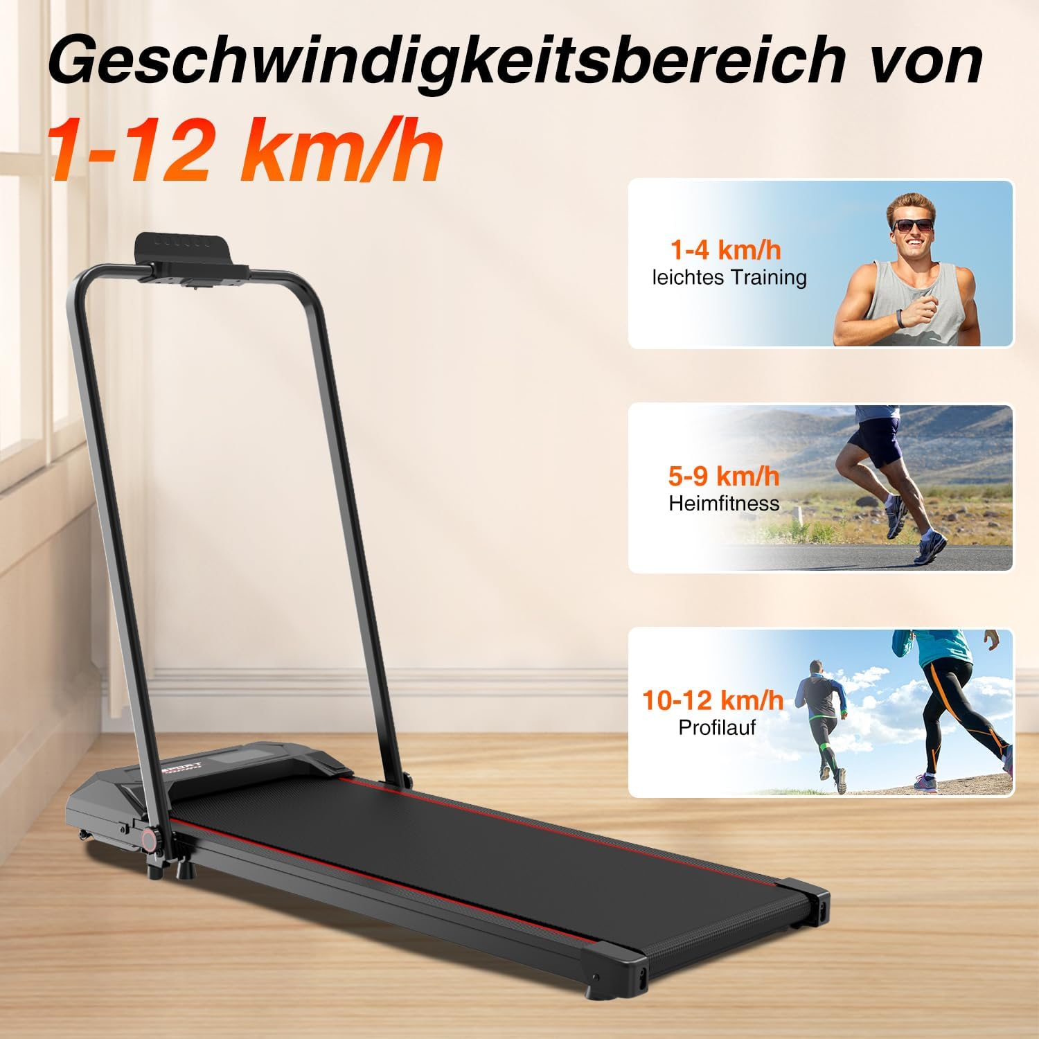 Ein Laufband mit Geschwindigkeitsbereichen. Illustrationen zeigen Menschen beim Laufen in verschiedenen Geschwindigkeiten, von leichtem Training bis zum Profi-Laufen.