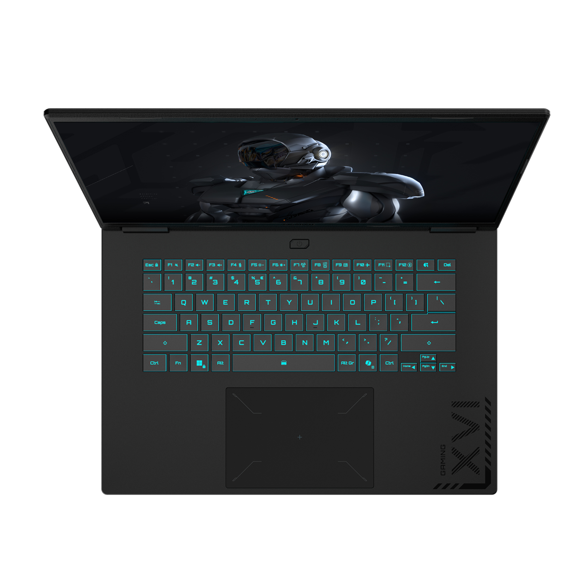 Laptop mit offenem Bildschirm. Auf dem Bildschirm befindet sich ein Sci-Fi-Roboterbild. Die Tastatur leuchtet blau. Der Laptop ist schwarz.