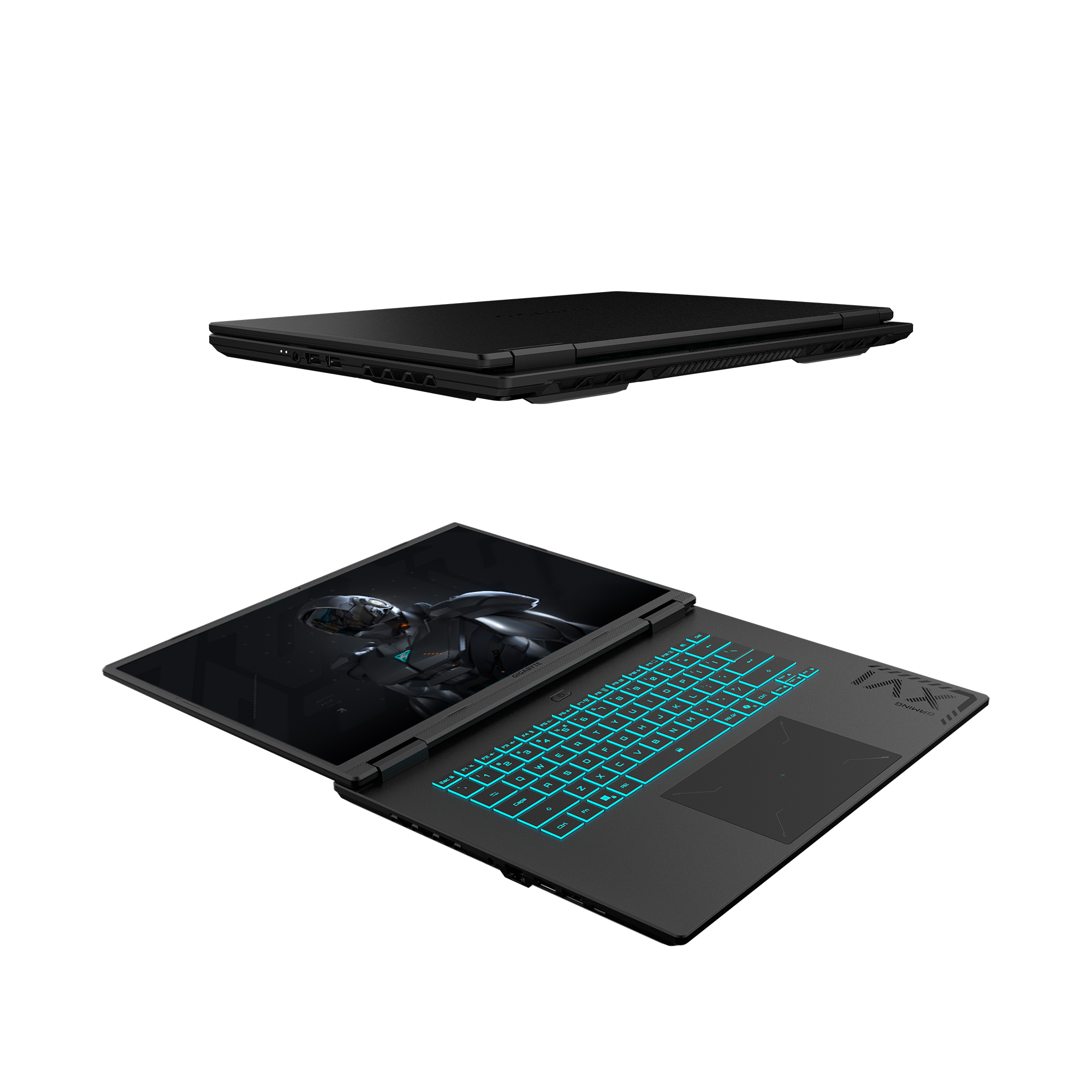 Schwarzer Laptop, obere und offene Ansichten. Offen zeigt beleuchtete Tastatur und Bildschirm mit Grafik. Geschlossener Laptop oben.