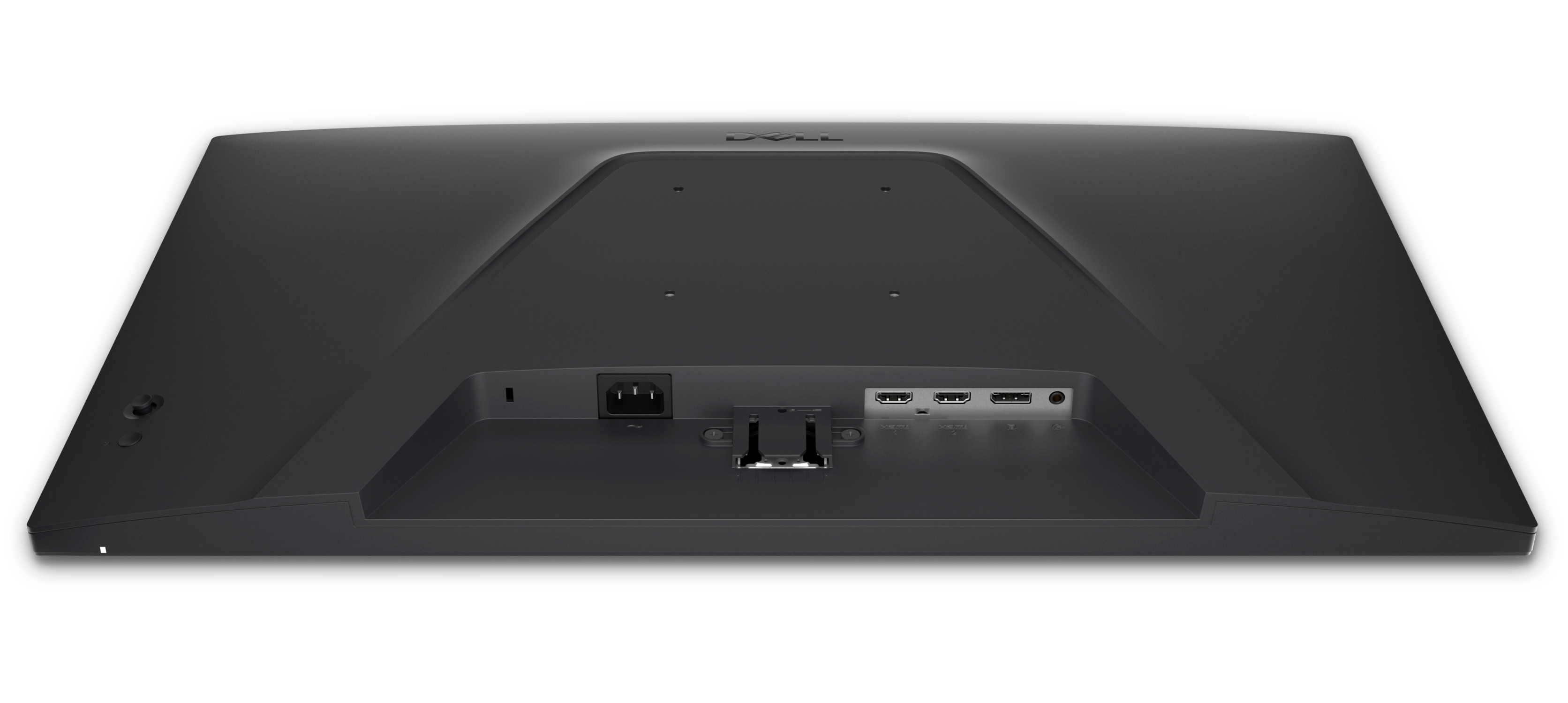 Tył czarnego monitora Dell, pokazujący porty i wejście zasilania. Logo Dell jest widoczne u góry. Tło jest białe.