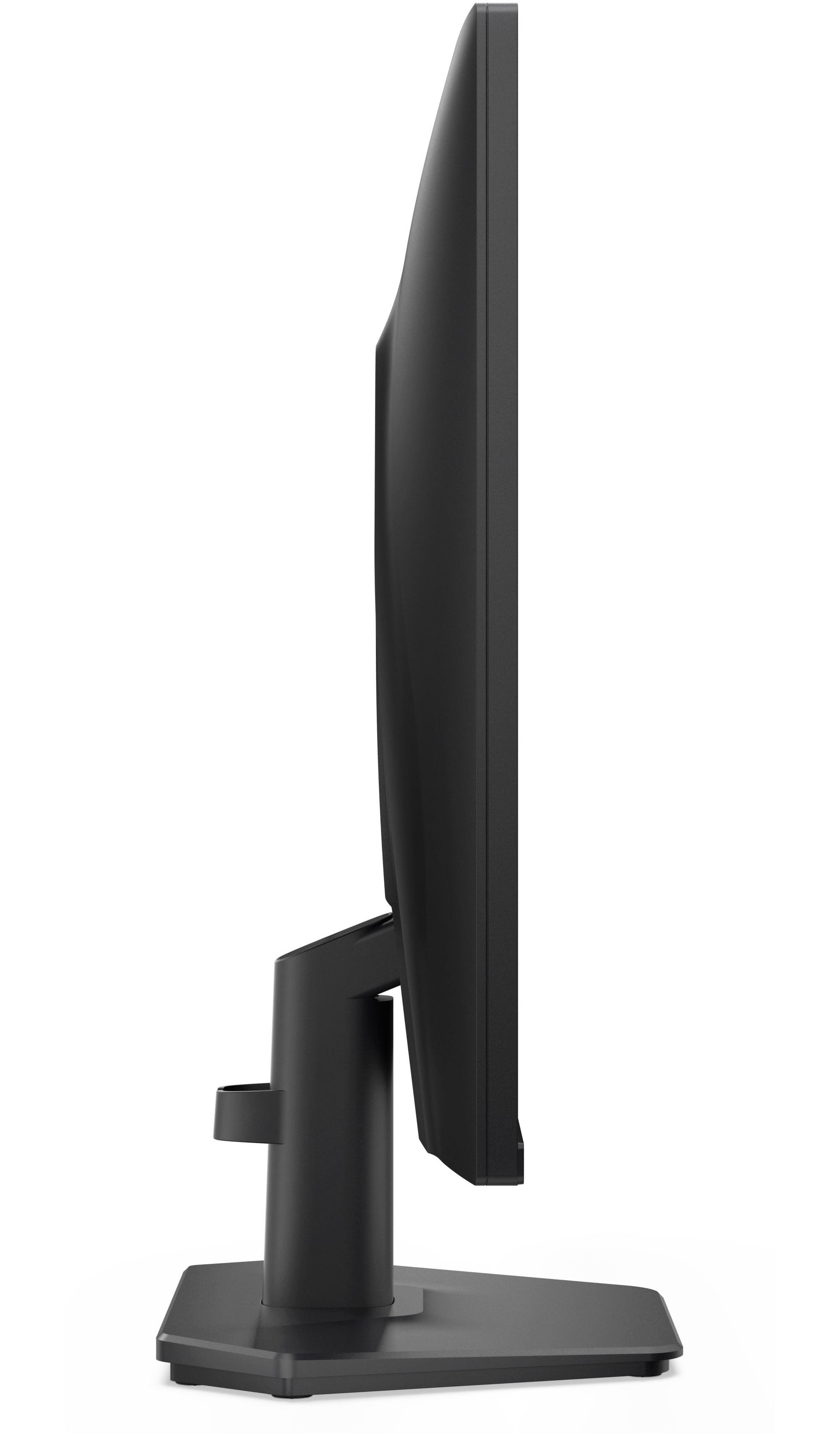 Widok z boku czarnego monitora komputera. Ekran jest czarny, a podstawka jest połączona z podstawą. Tło jest białe.
