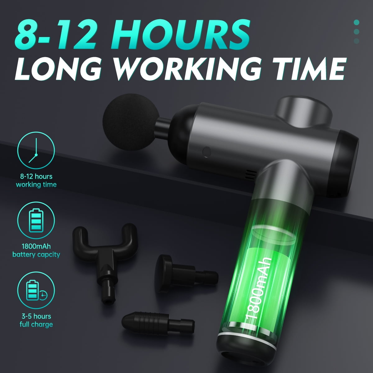 Eine Massagepistole mit Aufsätzen, Akku und Text: 8-12 Stunden Arbeitszeit. Der Akku ist grün, mit 1800mAh Kapazität.