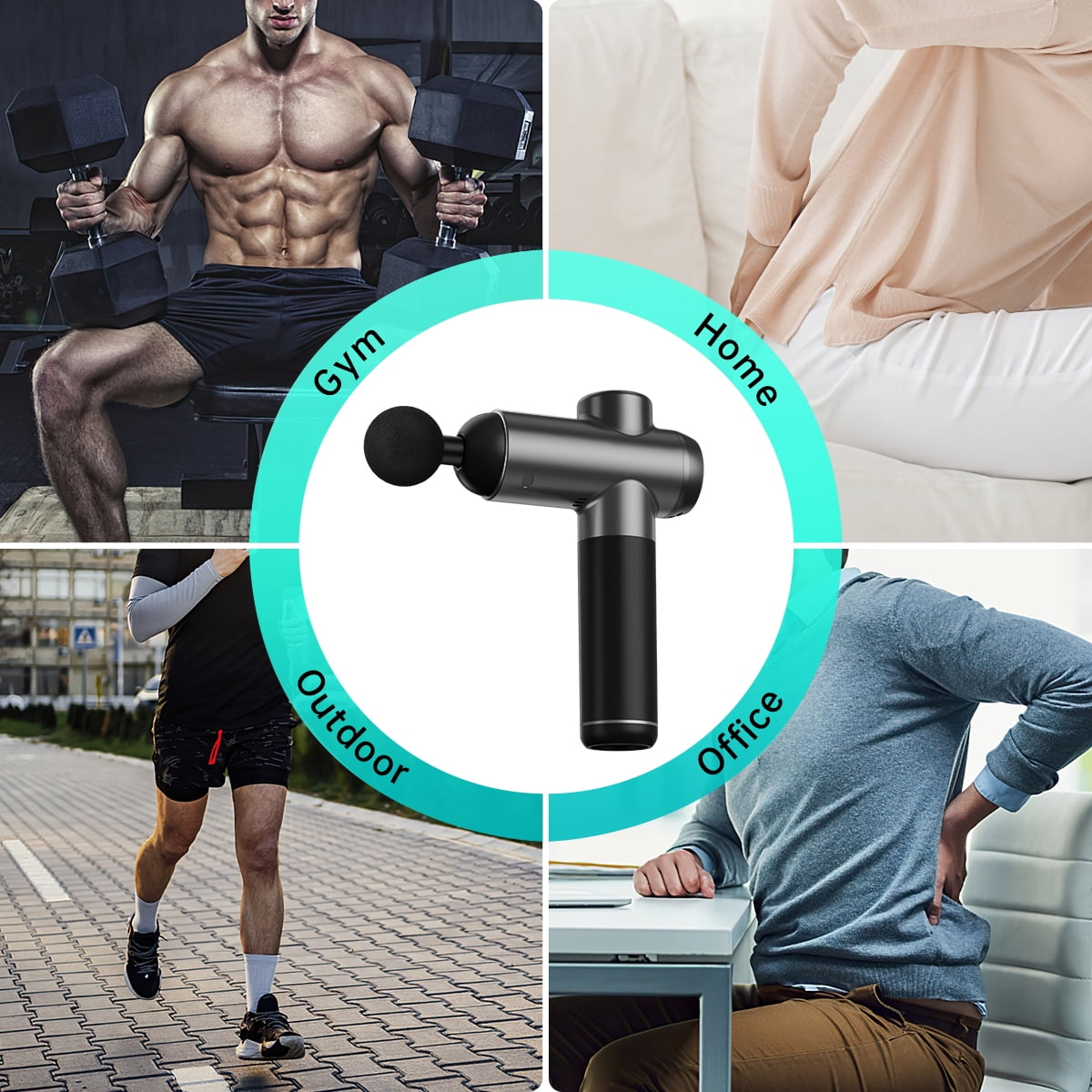 Das Bild zeigt eine Massagepistole mit Szenen: Fitnessstudio mit Mann, der Hanteln hält, Zuhause mit Person, die den Rücken berührt, Läufer und Büro.