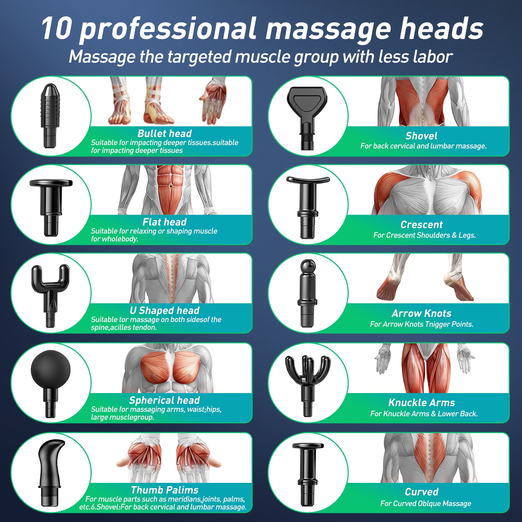 Das Bild zeigt 10 Massageköpfe mit Beschreibungen und anatomischen Illustrationen, die die von jedem Kopftyp anvisierten Muskelgruppen zeigen.