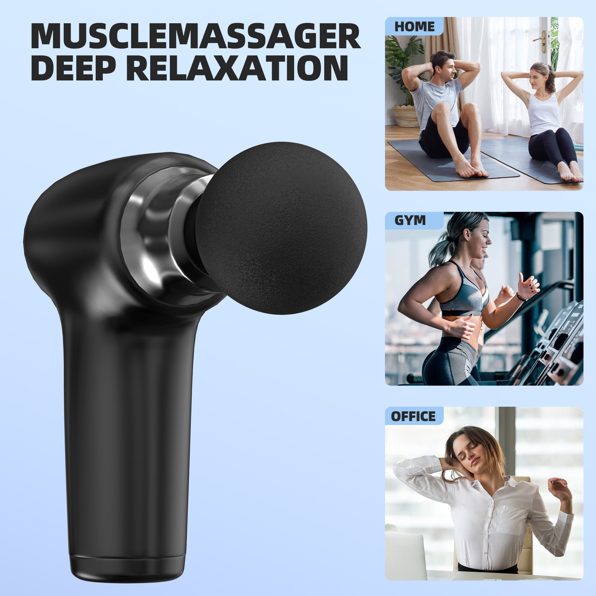 Schwarzes Muskelmassagegerät. Oben: Menschen, die zu Hause trainieren. Mitte: Frau, die im Fitnessstudio läuft. Unten: Frau, die sich im Büro dehnt.