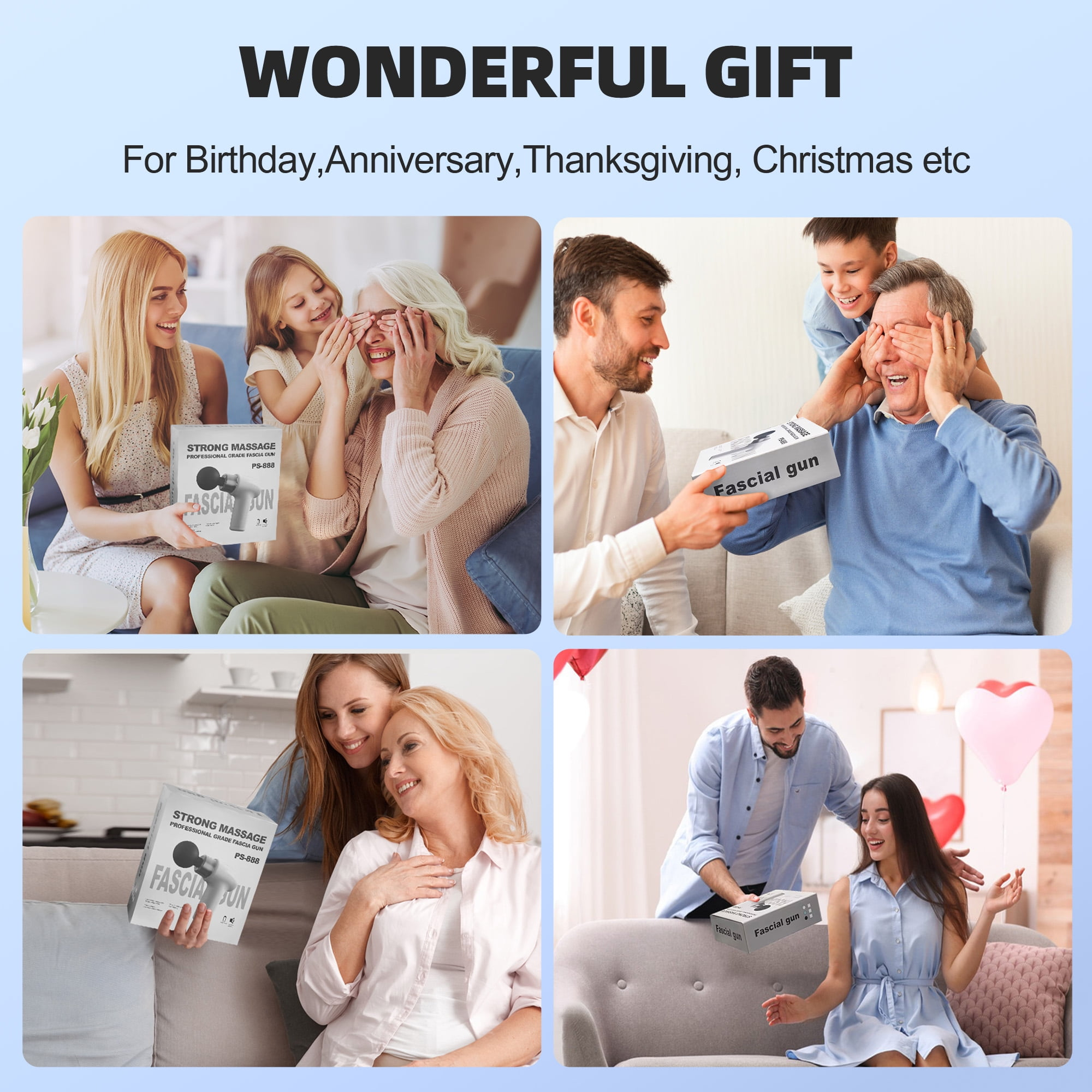 Collage glücklicher Menschen, die Geschenke erhalten. Eine Familie schenkt eine Massagepistole. Text: Wunderbares Geschenk, für Geburtstag, Jubiläum.