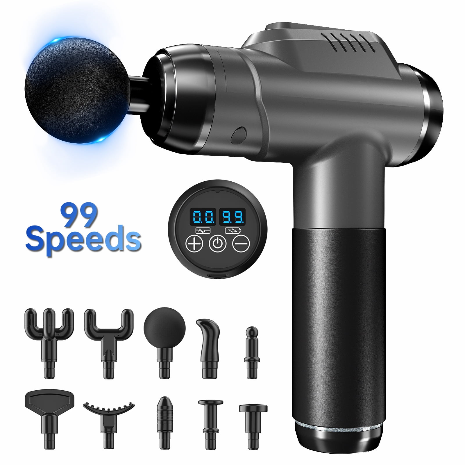 Eine schwarze Massagepistole mit Aufsätzen. Sie hat ein digitales Display und ein blaues Licht um den Massagekopf. 99 Geschwindigkeiten.
