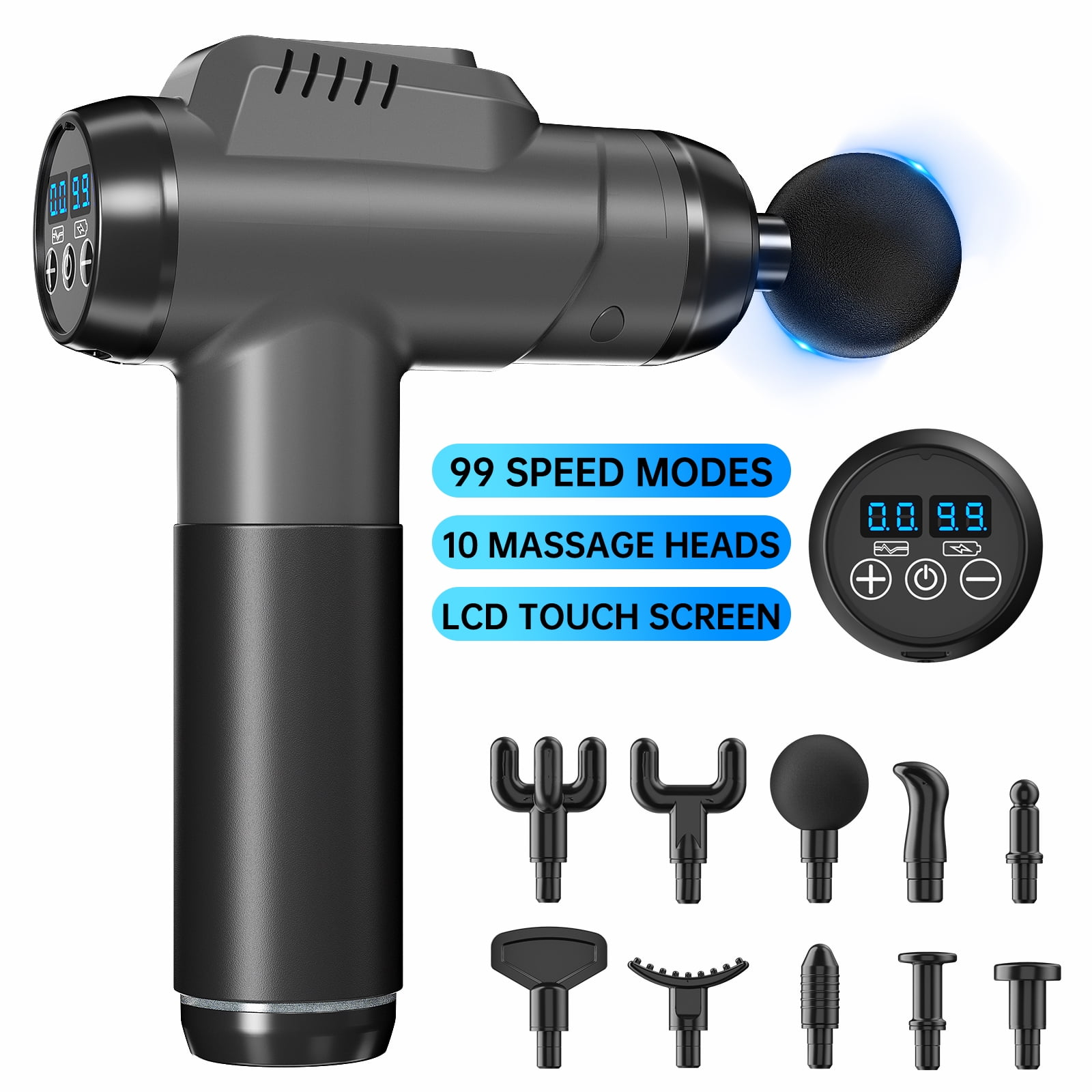 Eine schwarze Massagepistole mit mehreren Köpfen, Display und 99 Geschwindigkeitsmodi. Enthält 10 Massageköpfe und einen LCD-Touchscreen.