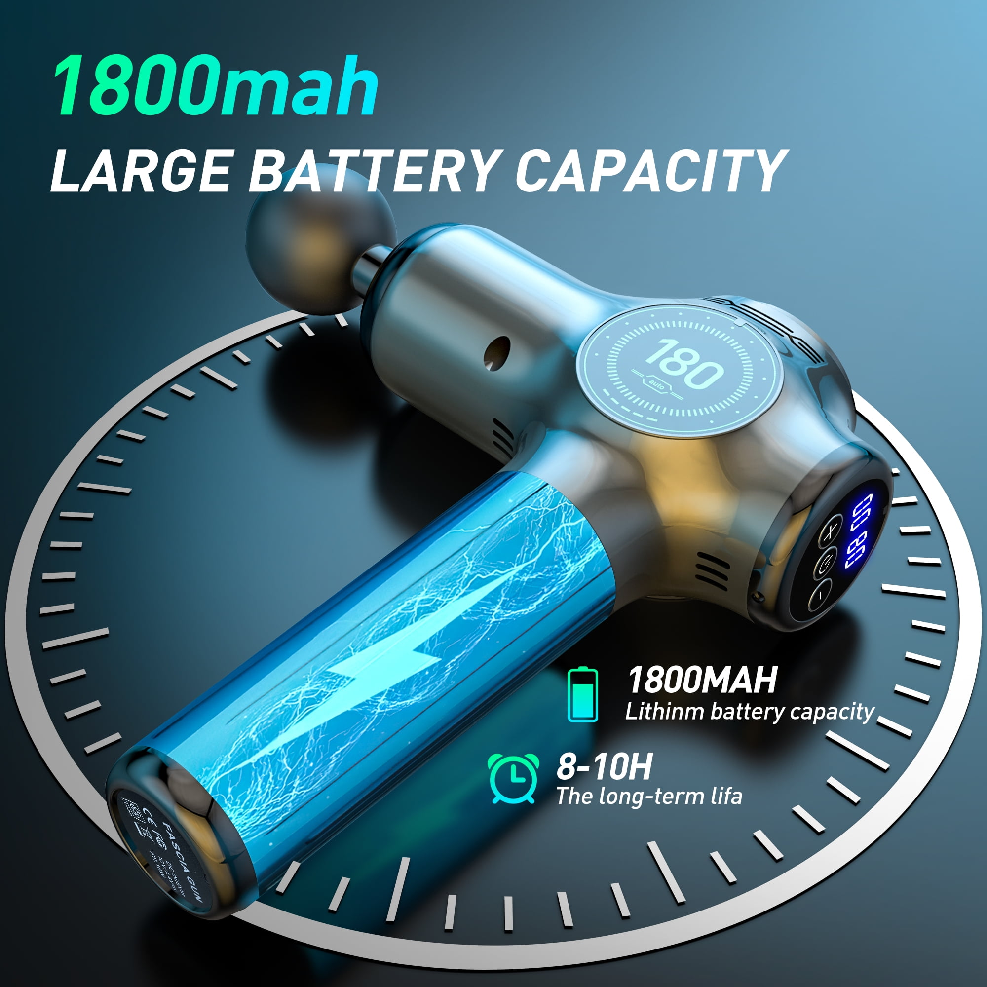 Eine silberne Massagepistole mit blauem Akku und Digitalanzeige. Text: 1800 mAh GROSSE AKKUKAPAZITÄT.