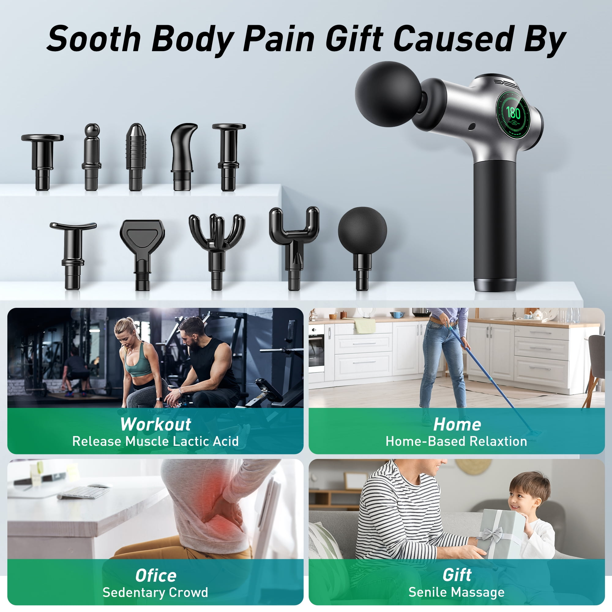 Das Bild wirbt für ein Massagepistolen-Geschenk. Es zeigt die Pistole, Aufsätze und Szenen: Training, Zuhause, Büro und Geschenk für Seniorenmassage.