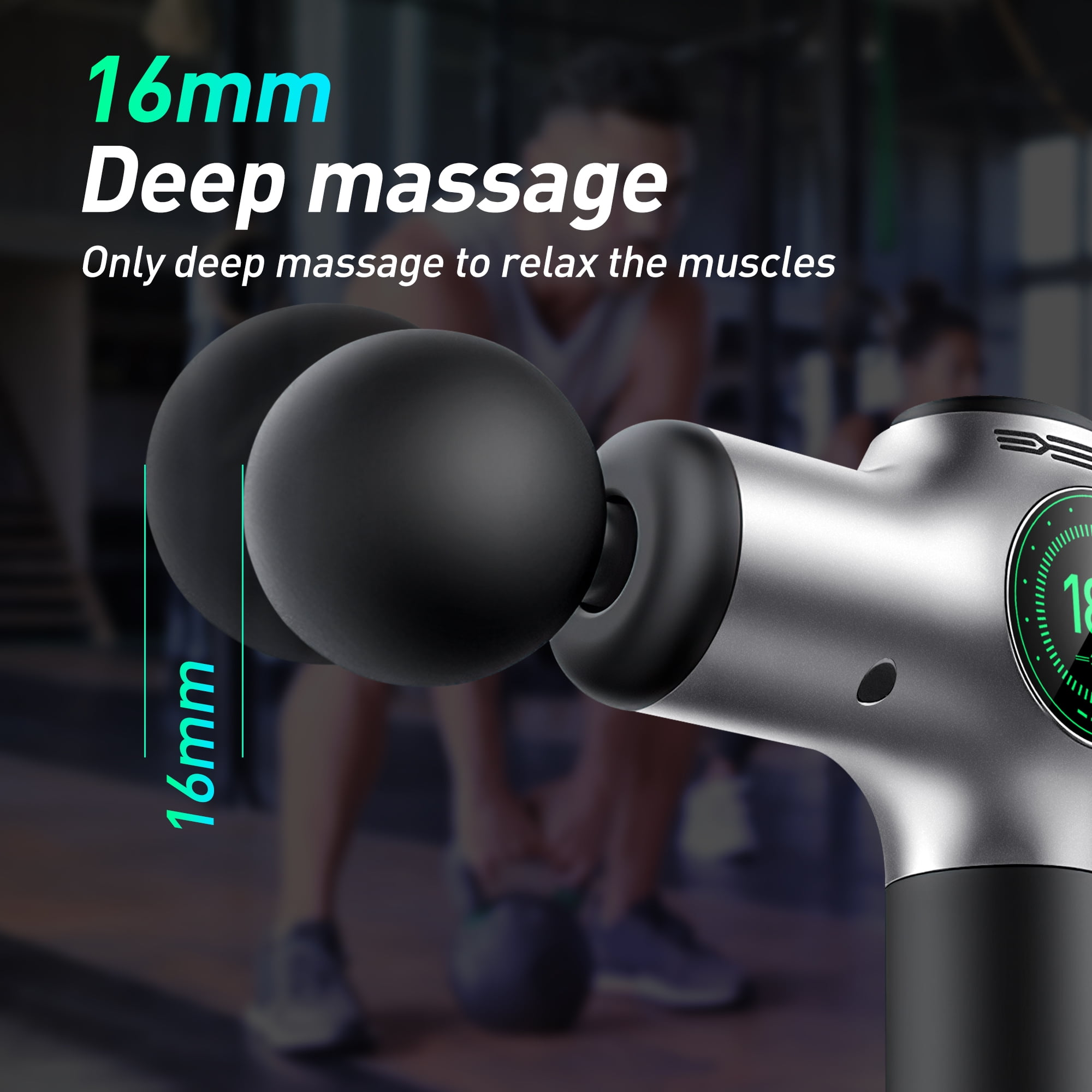 Eine Massagepistole mit schwarzen Köpfen und Digitalanzeige. Text: '16mm Tiefenmassage' und 'Nur Tiefenmassage zur Muskelentspannung'.