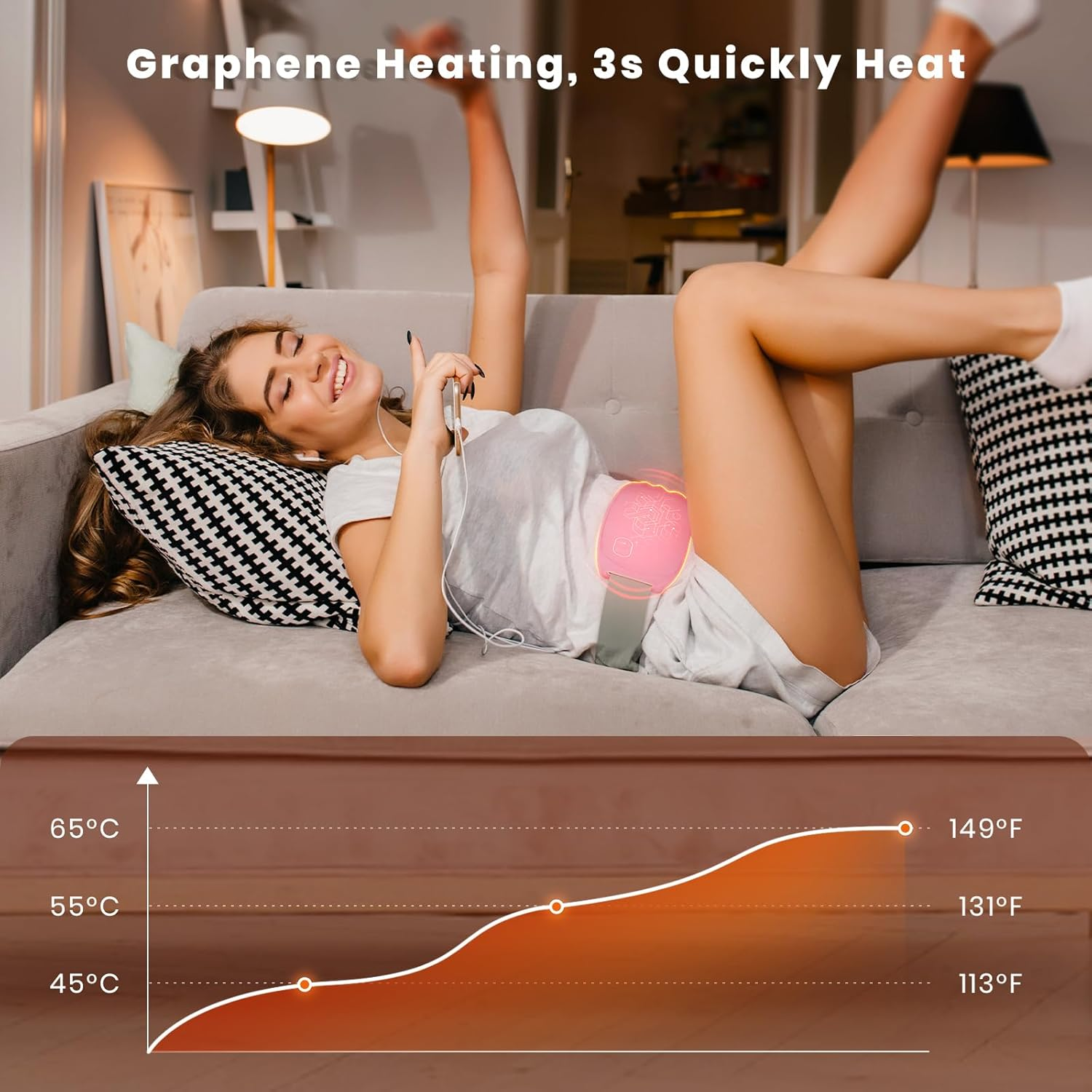 Frau auf Couch mit Heizkissen. Diagramm zeigt Temperaturanstieg. Text: Graphene Heating, 3s Quickly Heat.