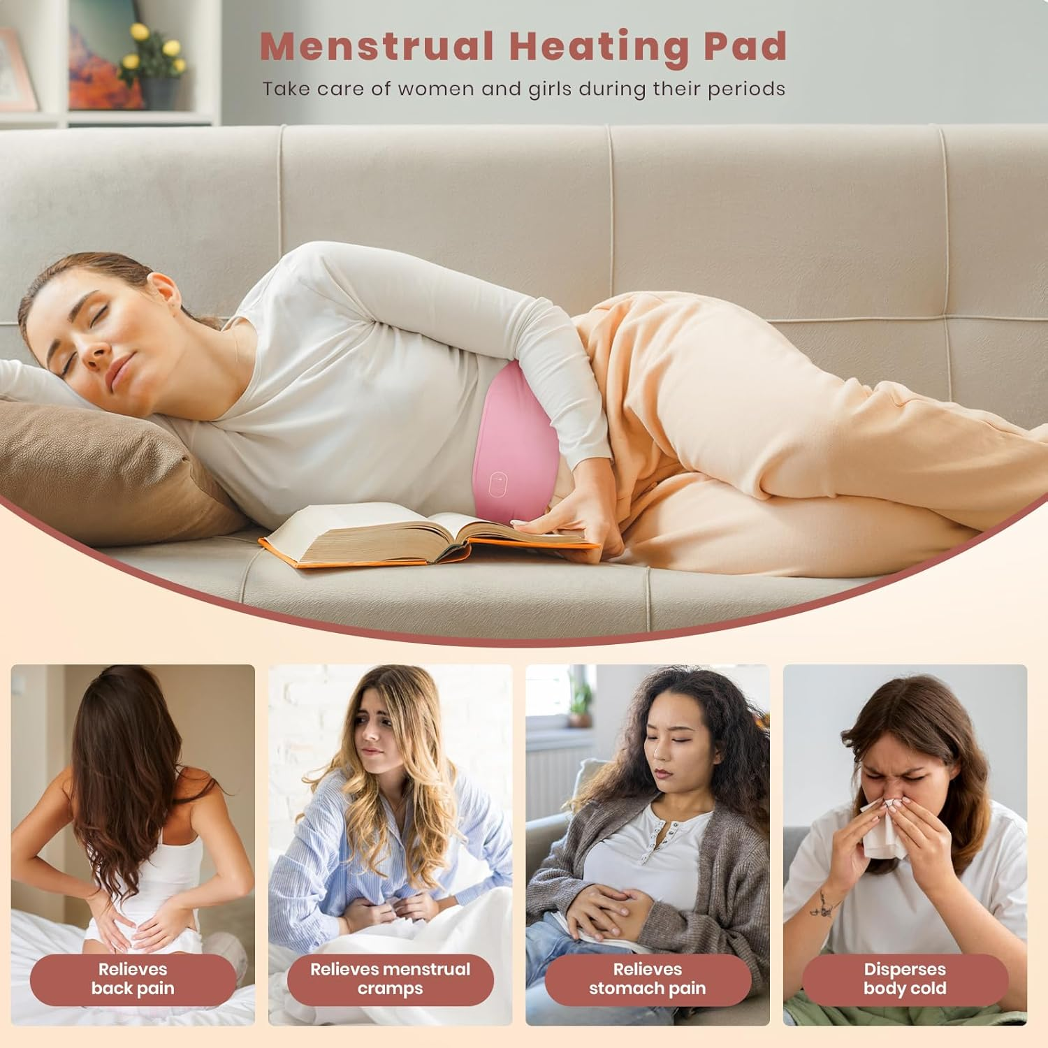 Eine Frau liegt mit einem rosa Heizkissen auf einem Sofa. Text: Menstruations-Heizkissen. Bilder zeigen Schmerzlinderung.