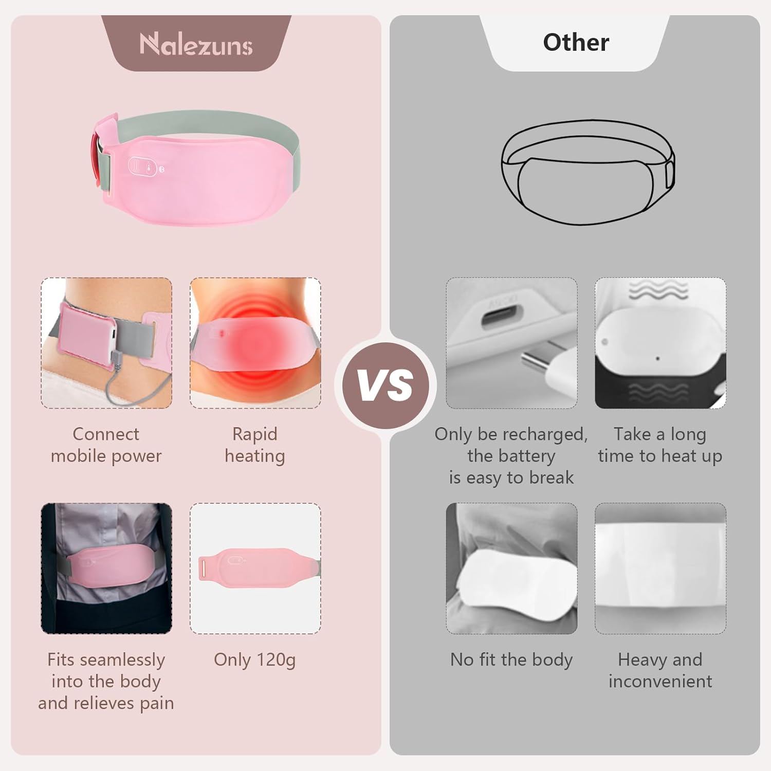 Vergleichsbild: Nalezuns-Produkt vs. Andere. Das Nalezuns-Produkt ist ein rosa Gürtel, der zur Schmerzlinderung beworben wird, mit verschiedenen Vorteilen.