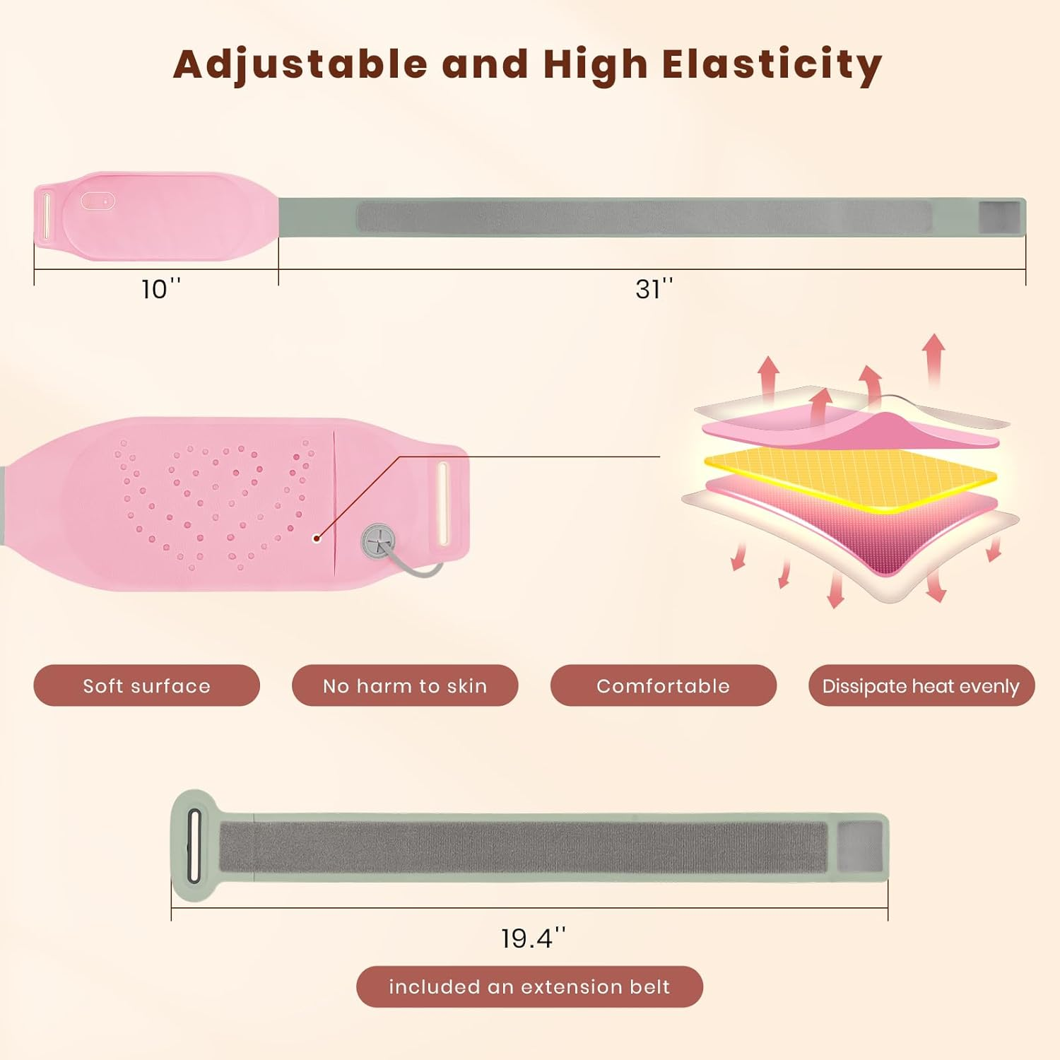 Diagramm eines rosa-grauen verstellbaren Gürtels. Es zeigt Abmessungen, Eigenschaften und einen Verlängerungsgürtel. Text erwähnt weiche Oberfläche und Wärmeableitung.