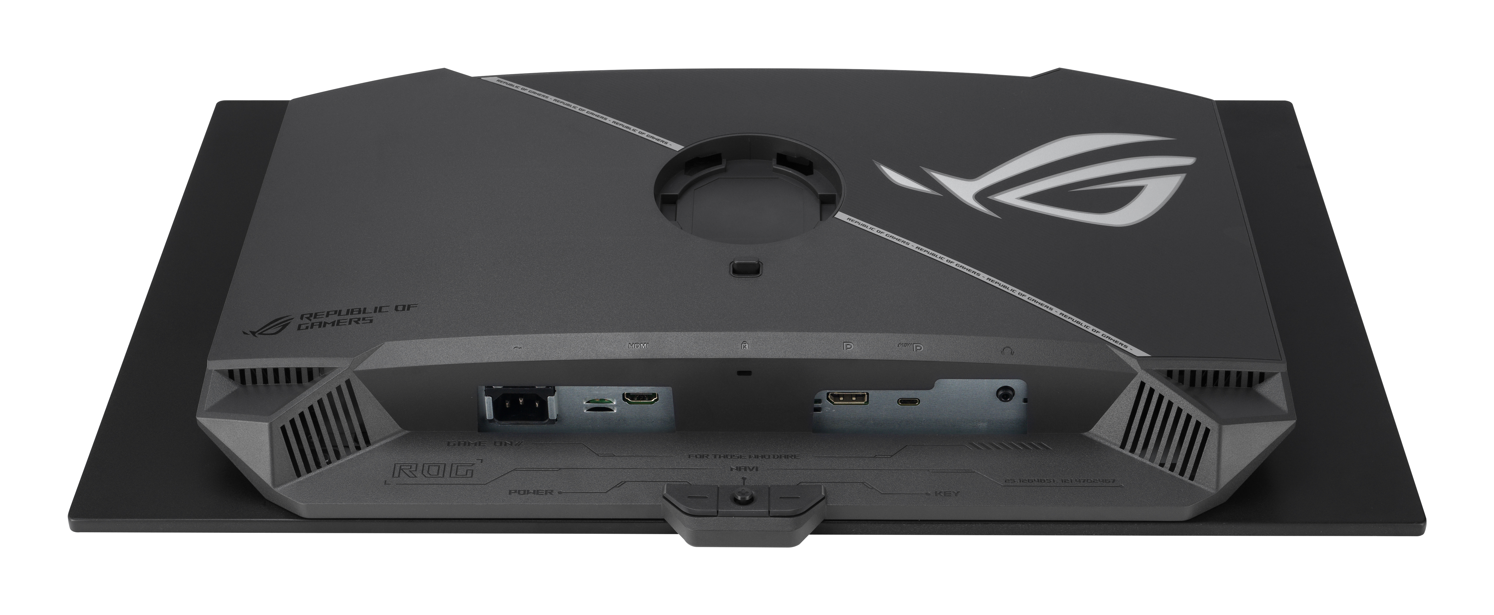 Widok z tyłu czarnego monitora ROG. Posiada porty zasilania, HDMI i inne połączenia. Widoczne jest logo ROG.