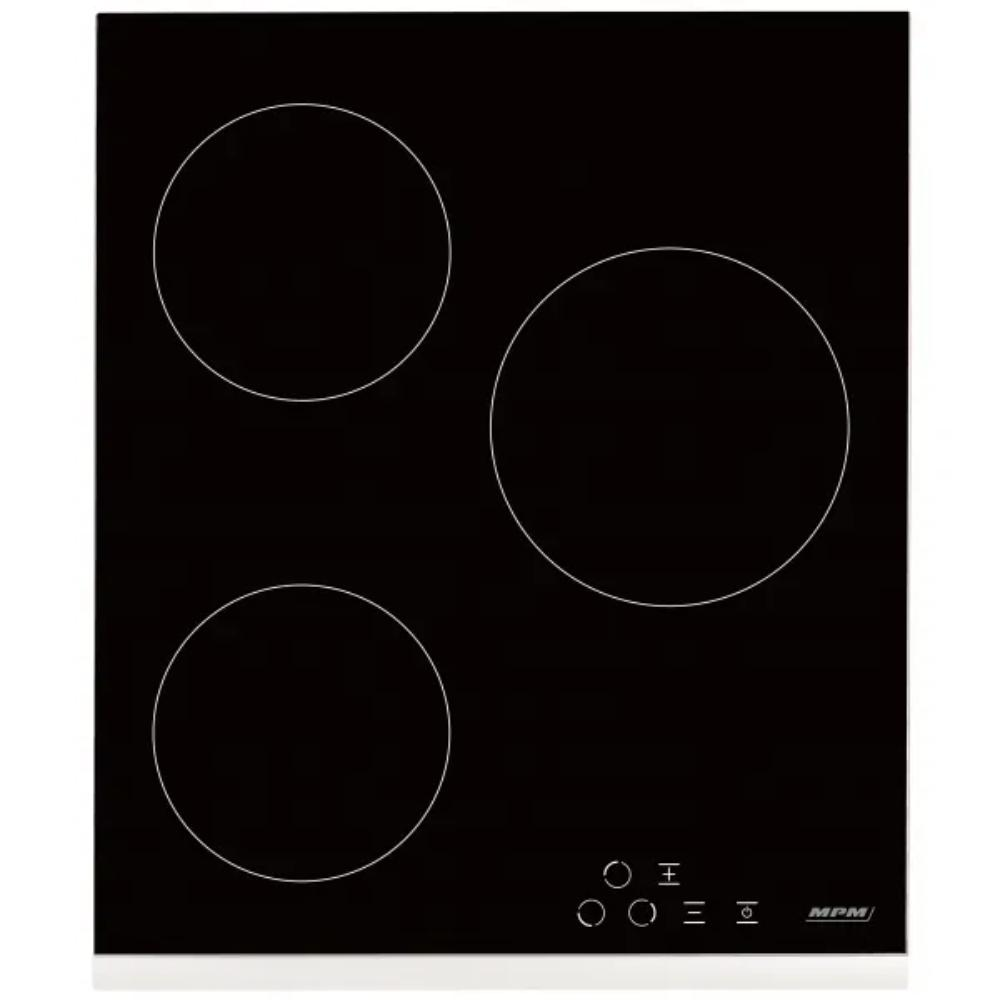 Czarna płyta indukcyjna ze szkła z trzema okrągłymi strefami grzewczymi, panelem sterowania i białym dolnym wykończeniem. Widoczne logo MPM.