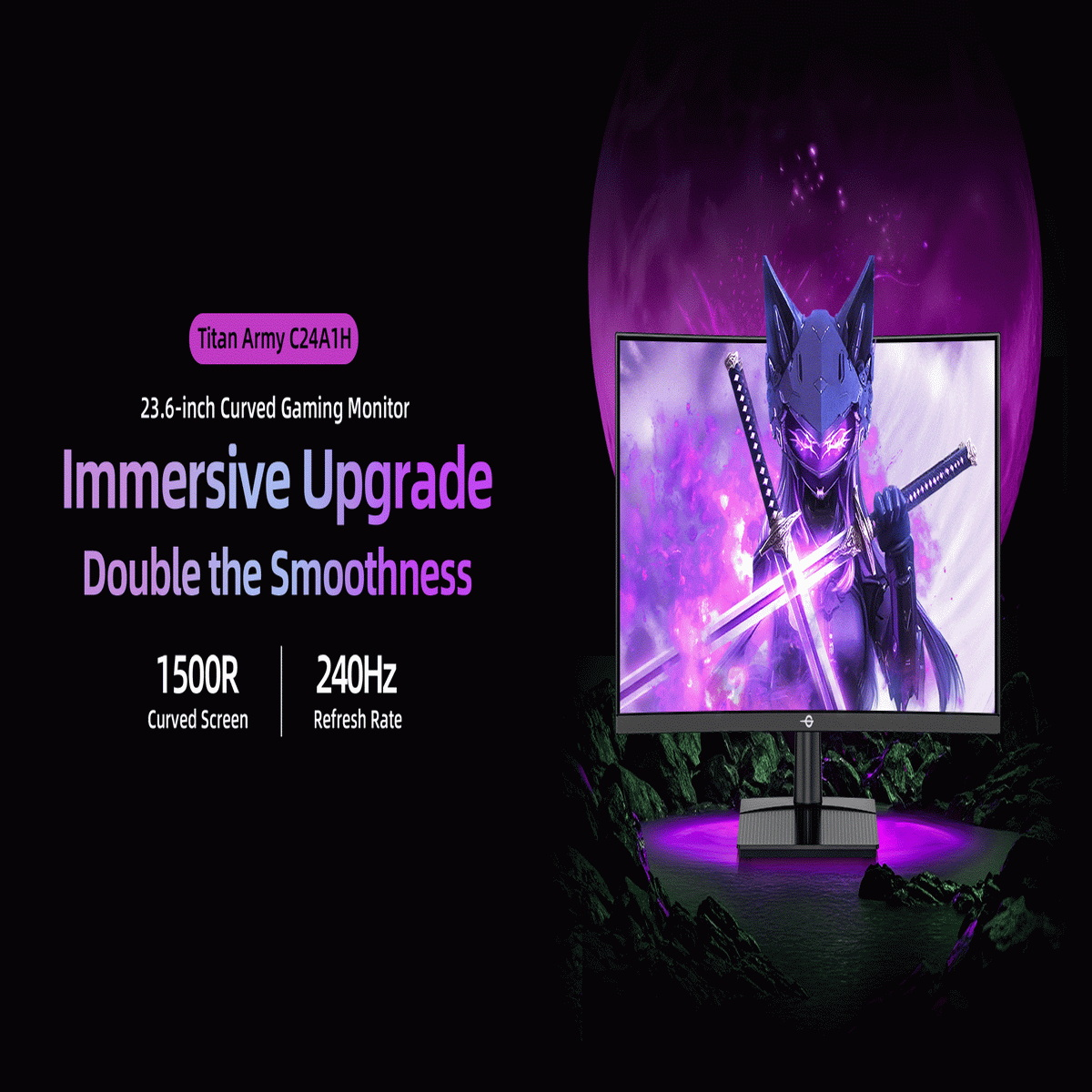 Zakrzywiony monitor do gier wyświetla postać z anime z mieczami. Tekst brzmi: Immersive Upgrade, 1500R Curved Screen, 240Hz Refresh Rate.