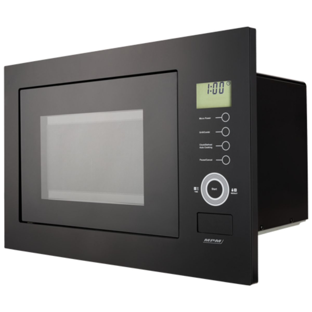 Czarny, wbudowany piekarnik mikrofalowy. Ma cyfrowy zegar pokazujący 1:00. Panel sterowania zawiera przyciski i przycisk start.