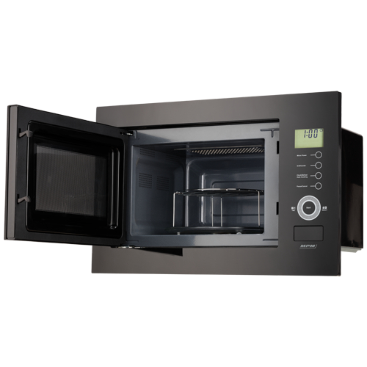 Czarna kuchenka mikrofalowa z otwartymi drzwiami, pokazująca wnętrze z rusztem. Wyświetlacz cyfrowy pokazuje 1:00. Przyciski po prawej.