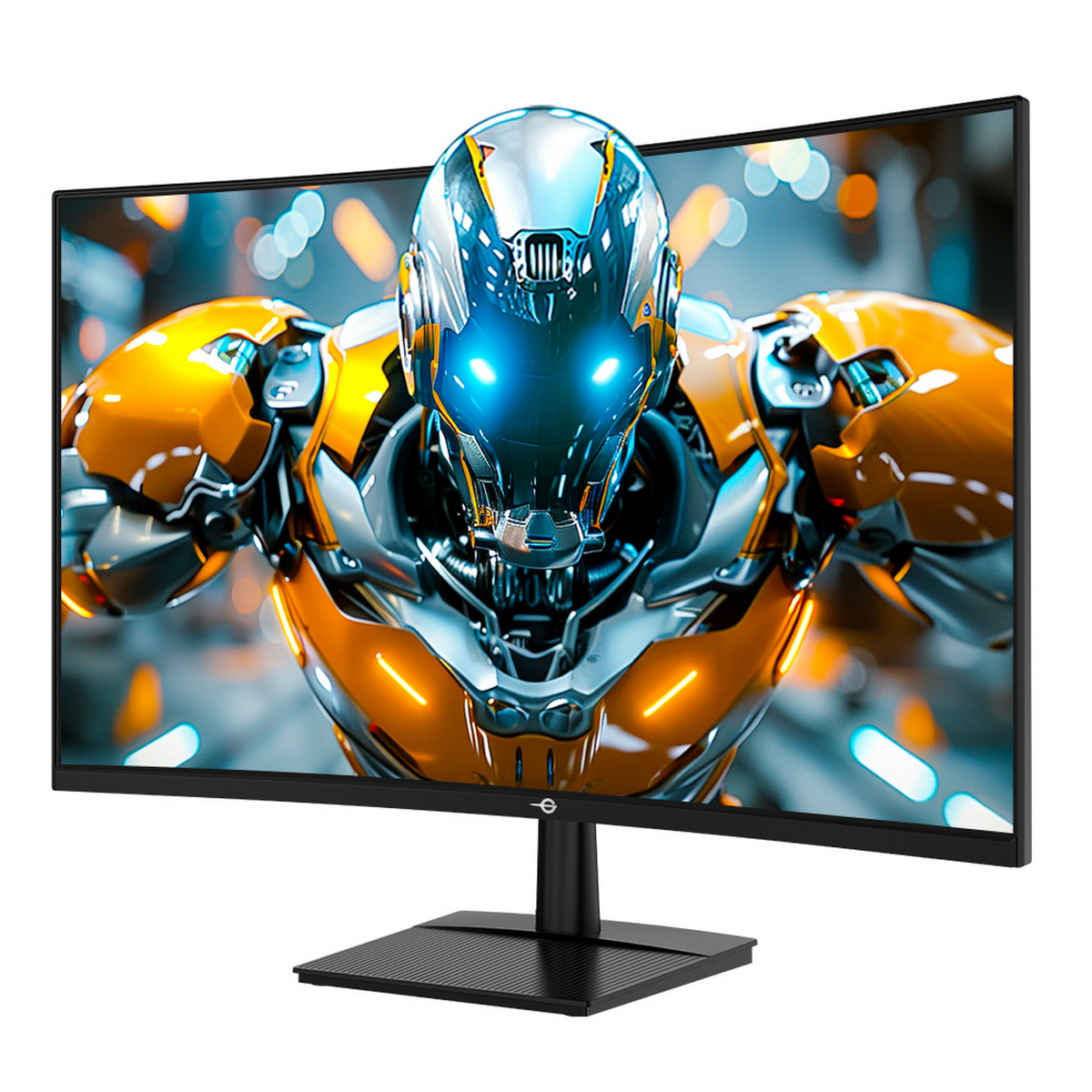 Monitor curvo che mostra un robot futuristico con occhi blu, armatura gialla e argento. Supporto nero su sfondo bianco.