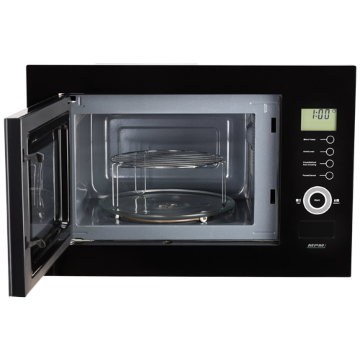 Czarny piekarnik mikrofalowy, otwarte drzwi. Wnętrze ze szklanym talerzem i metalową kratką. Wyświetlacz cyfrowy pokazuje 1:00. Panel sterowania po prawej.
