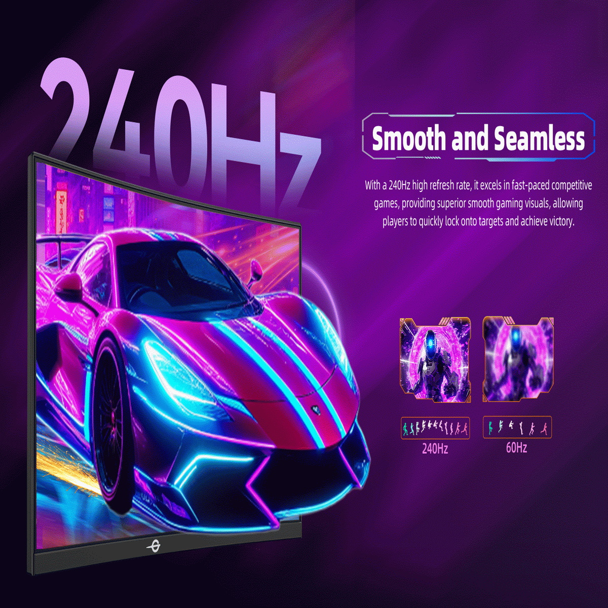 Monitor pokazuje neonowy samochód w wyścigu. Tekst wyświetla 240Hz, Płynny i Bezszwowy. Grafiki porównują częstotliwości odświeżania 240Hz i 60Hz.