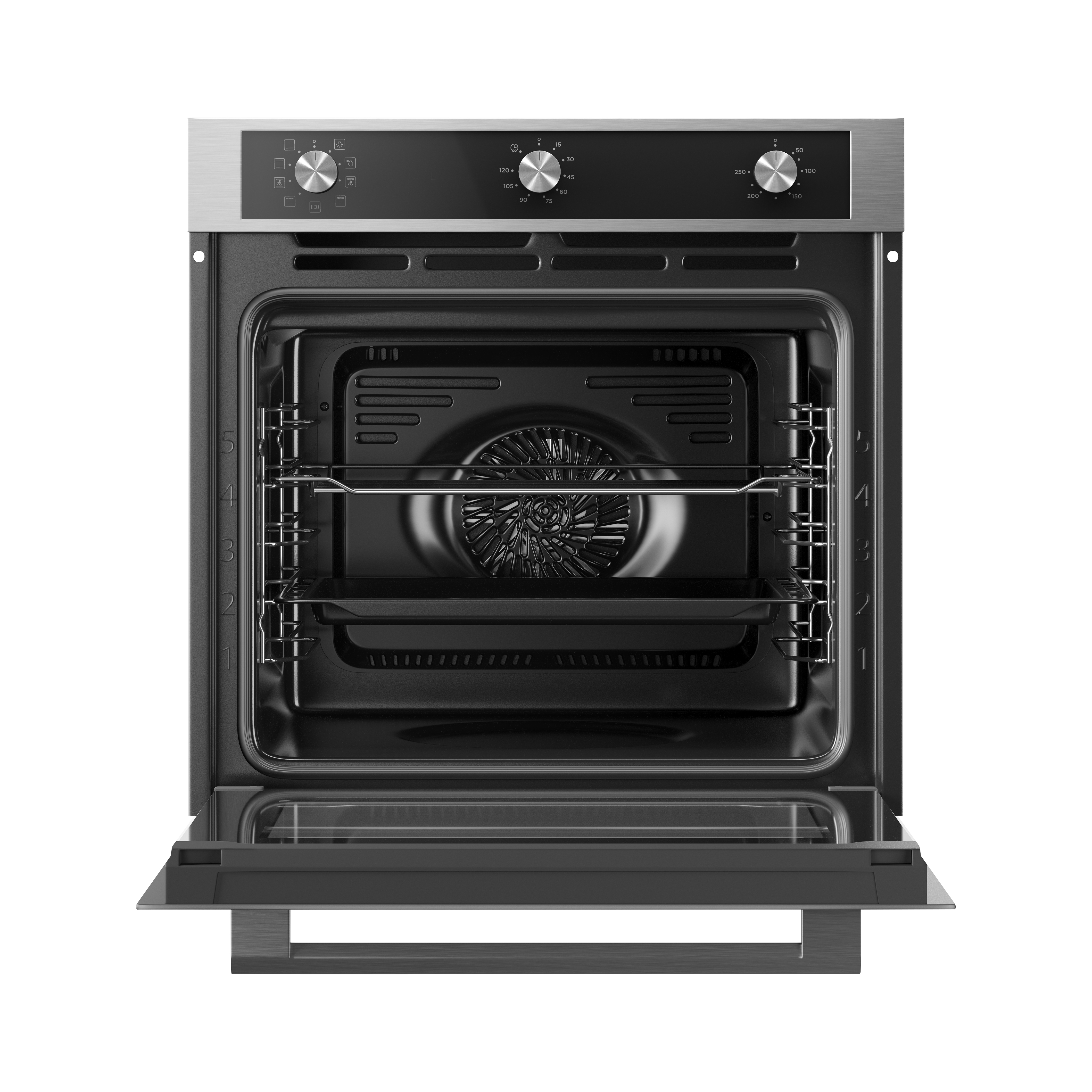An open oven shows interior details: racks, a fan, and a baking tray. Control panel above, with dials and icons.