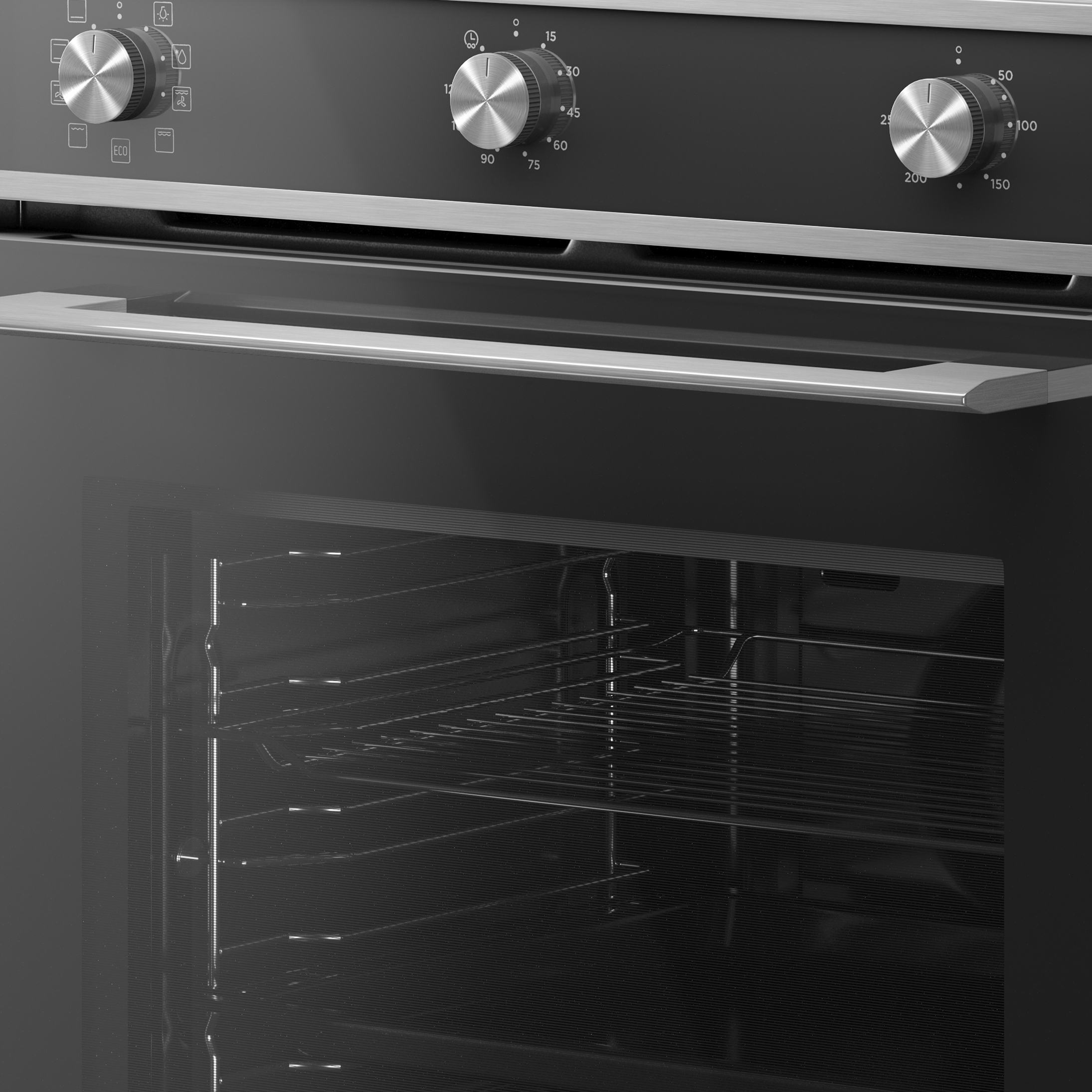 A black oven with silver knobs and a handle. The oven door is open, revealing metal racks inside. Control panel is visible.