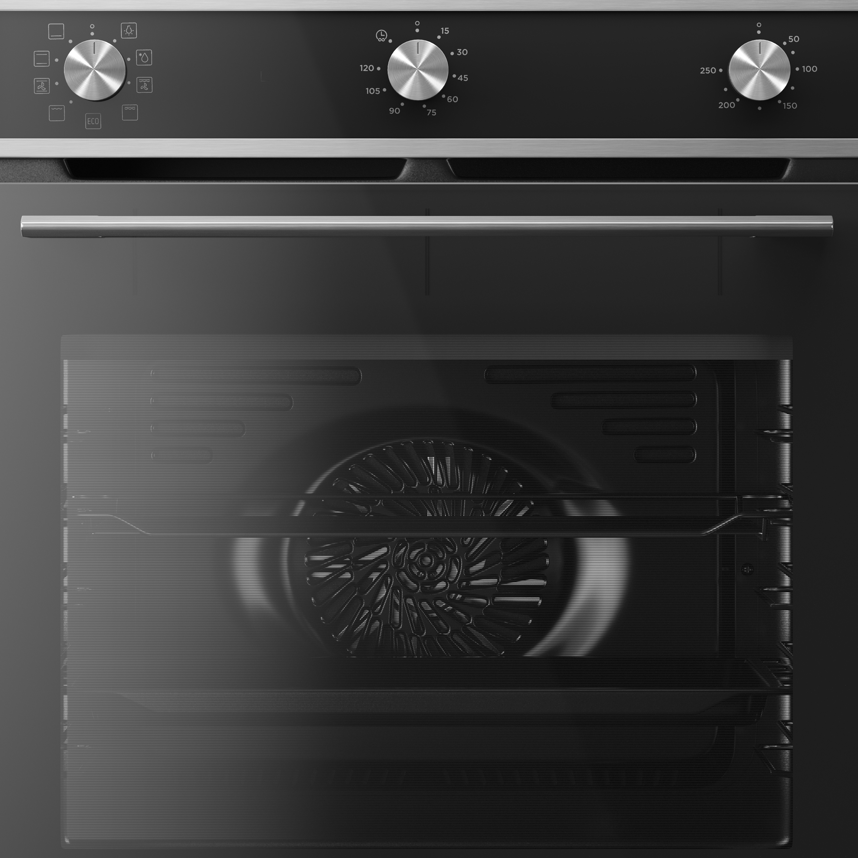 Oven control panel with knobs and settings, oven door below. Black and silver color scheme, close-up shot.