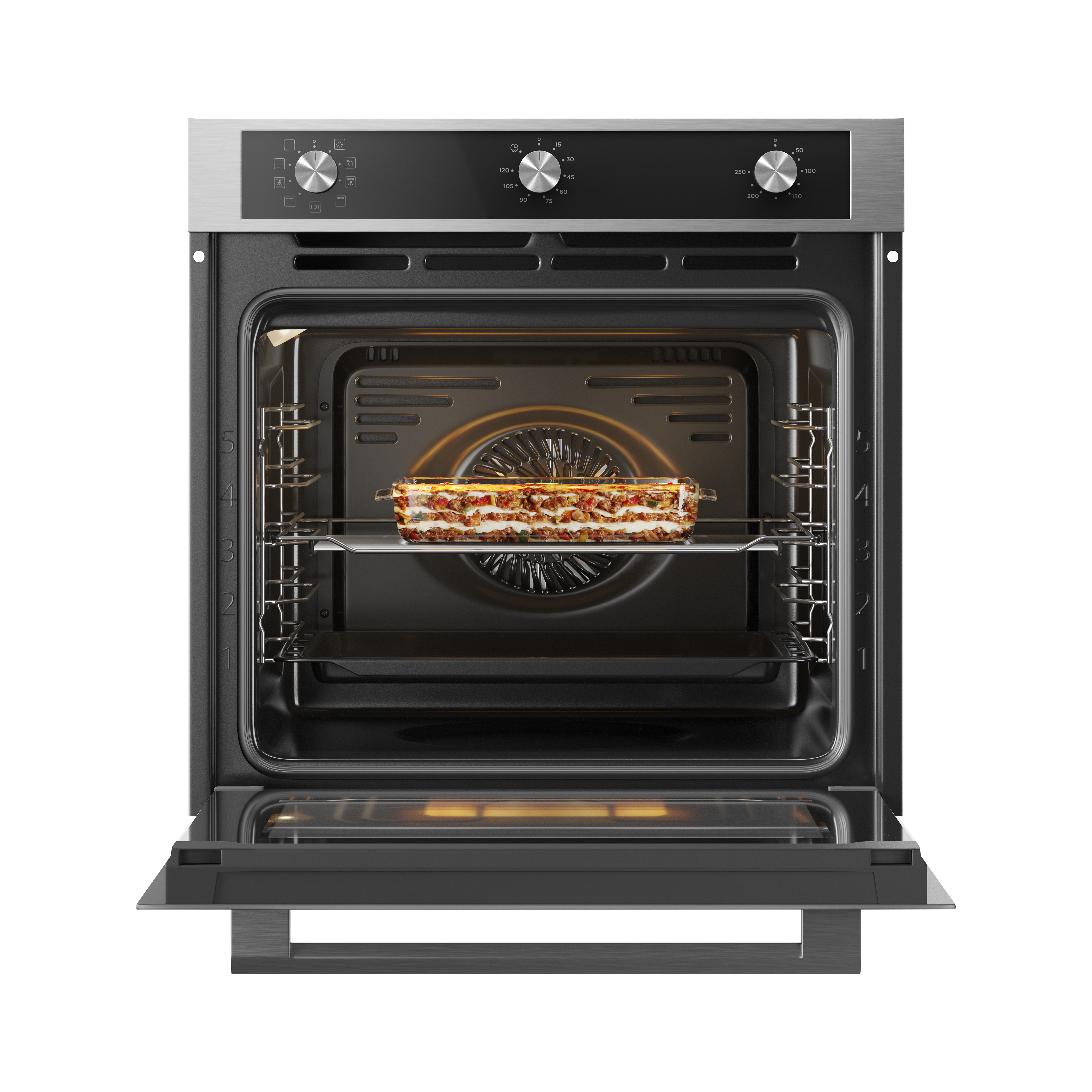 Oven with open door. Lasagna is in the oven. Silver controls and a black interior are visible.