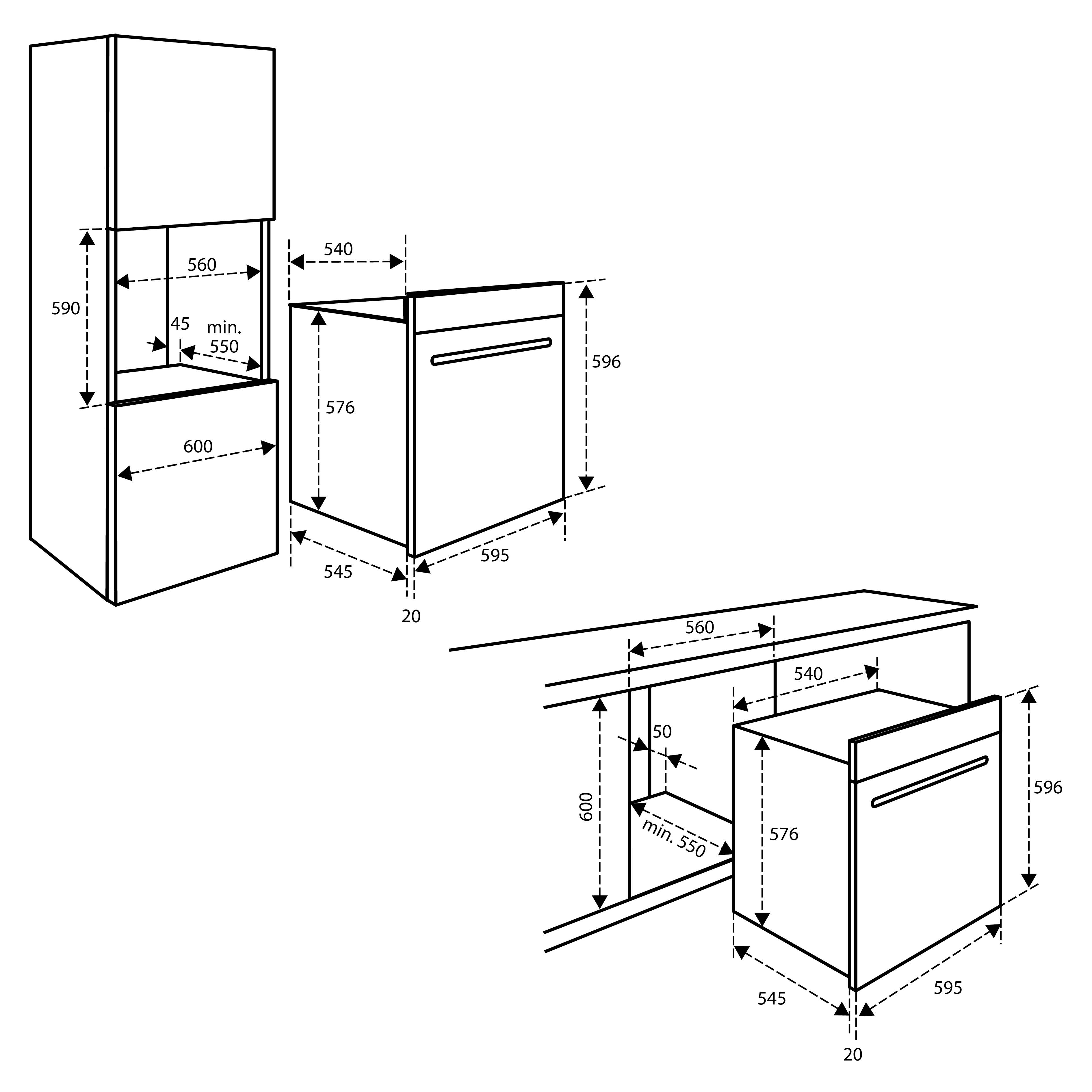 Technical drawing of a built-in oven and cabinet with dimensions in millimeters, showing top and side views.