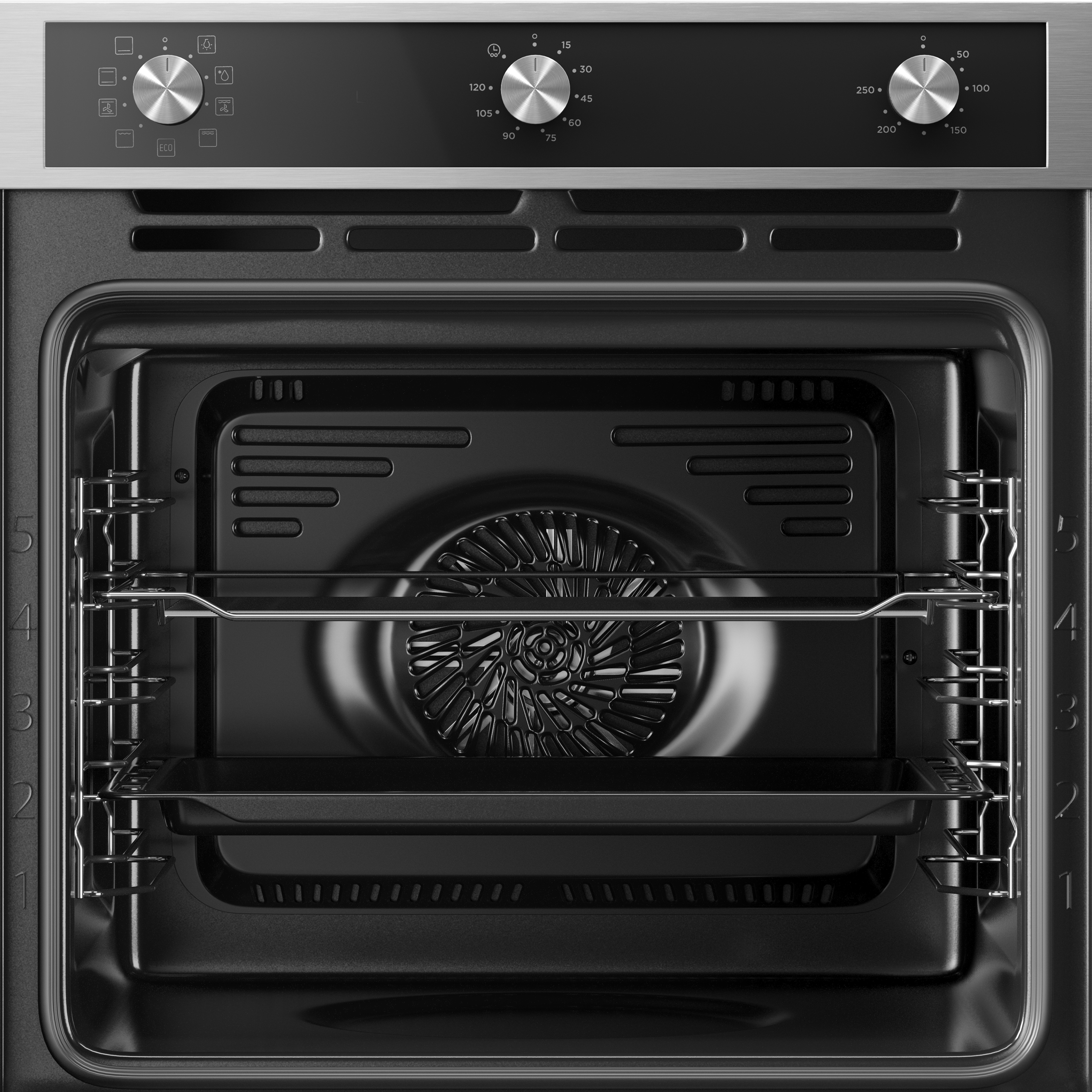 An oven interior is shown. It has a rack, a tray, and a fan at the back. Knobs for settings and time are visible.