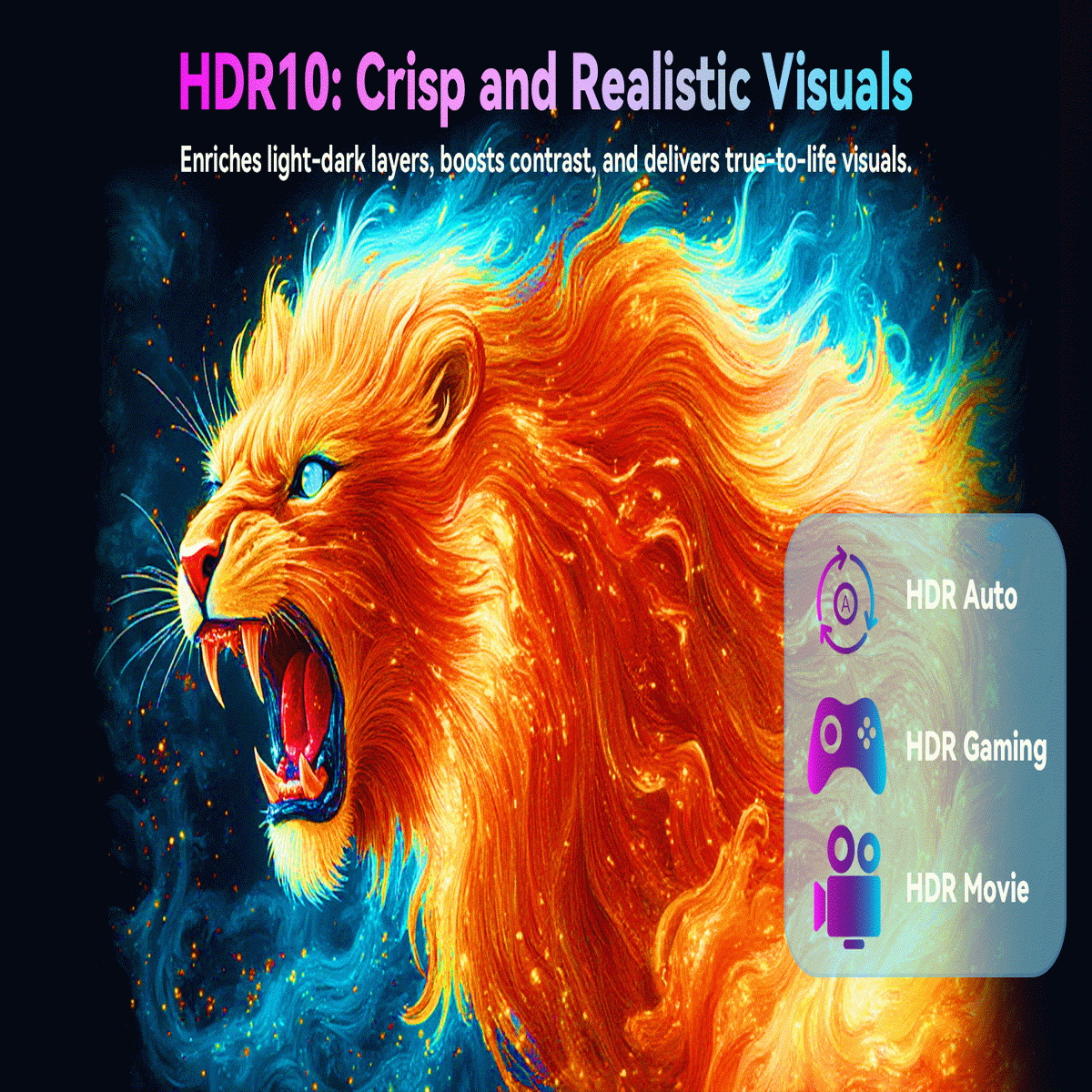 Un leone infuocato ruggisce, con testo HDR10 sopra e icone per le opzioni HDR Auto, Gaming e Movie a destra.