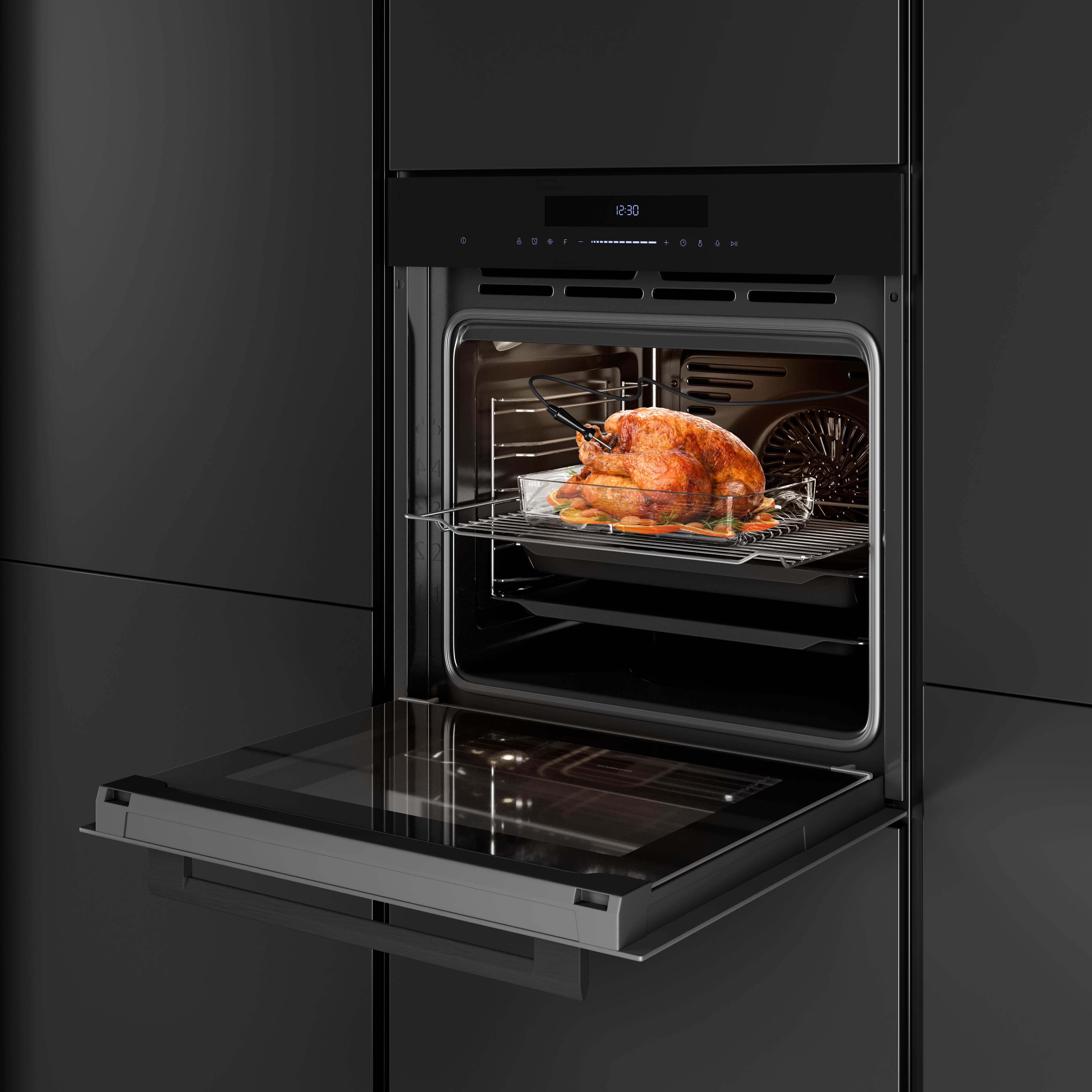 An open oven with a cooked turkey inside. The oven is black, and the turkey is golden brown. A thermometer is inserted.