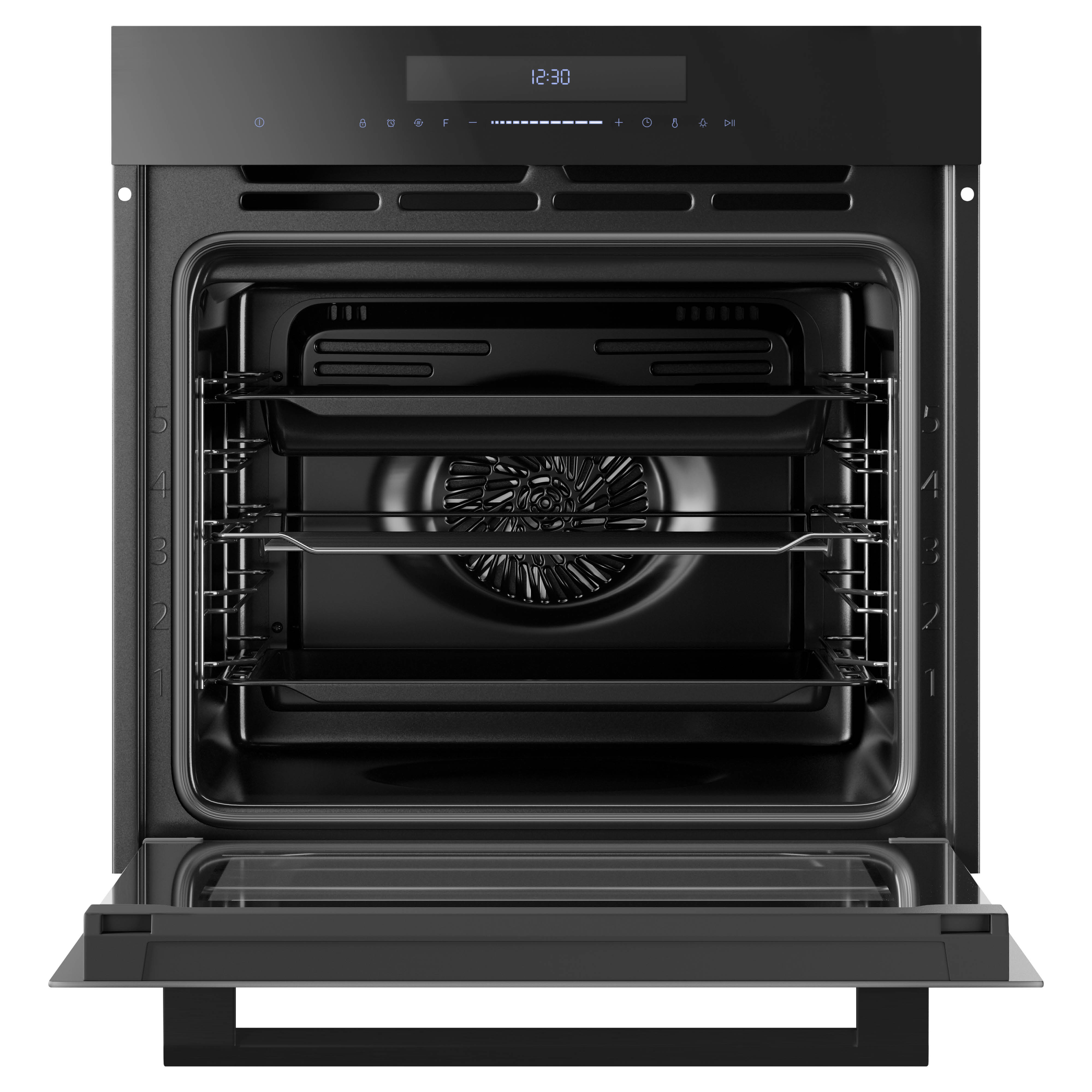 Black oven with the door open. Inside, there are racks and a fan. The display shows 12:30.