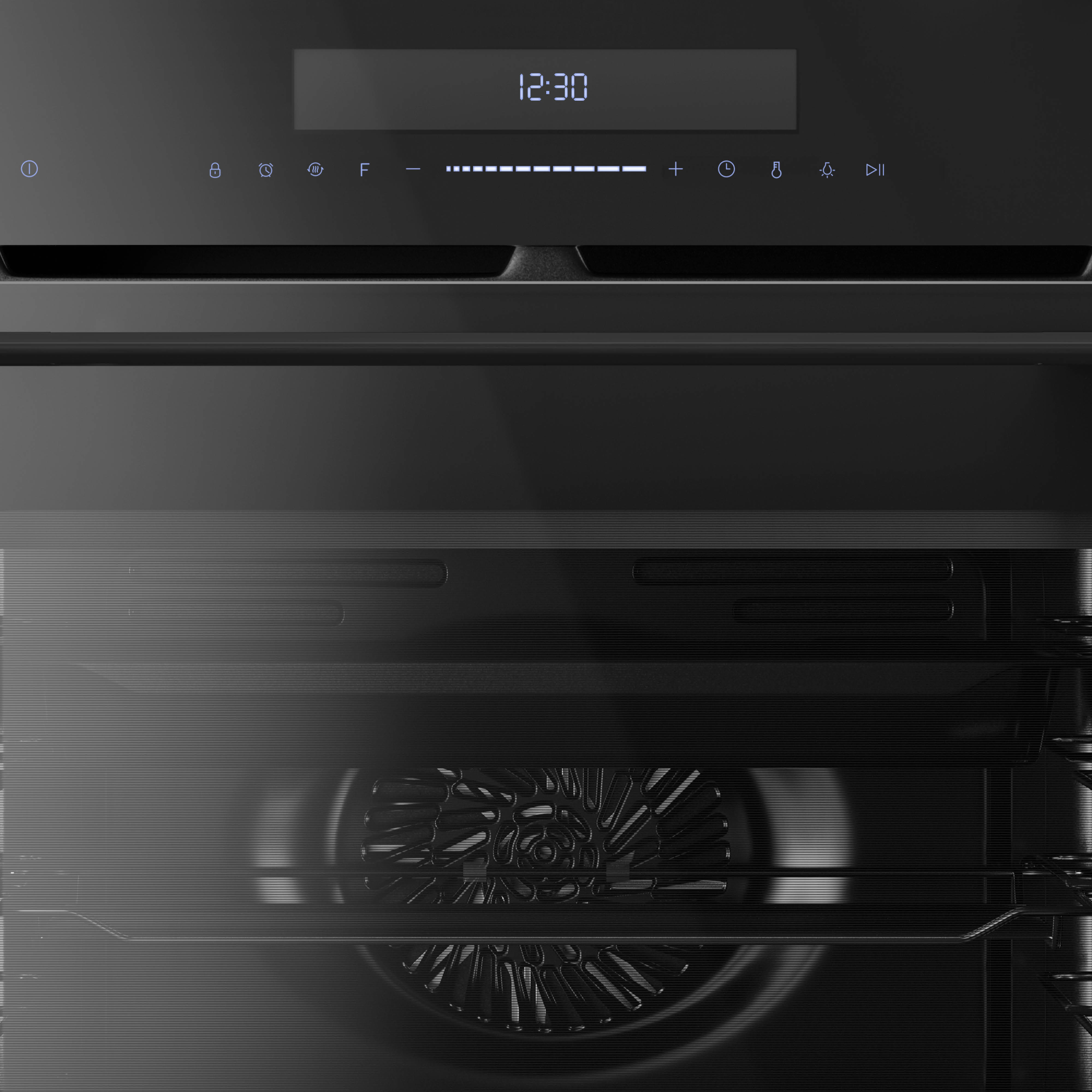 A black oven with a digital display showing 12:30. Control icons are visible above the oven door. The door is glass.