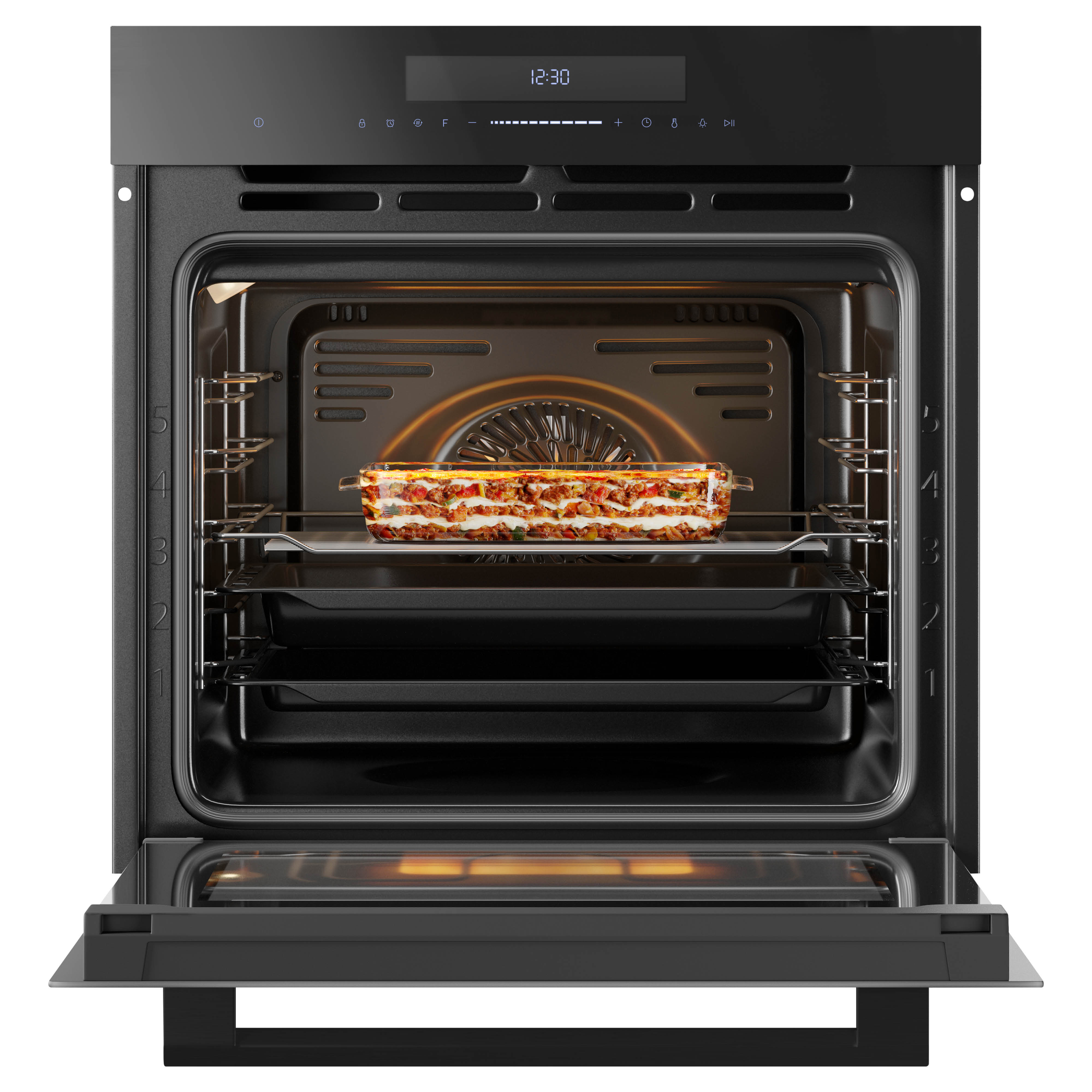 An open black oven with lasagna inside. Digital clock reads 12:30. Oven door is open.