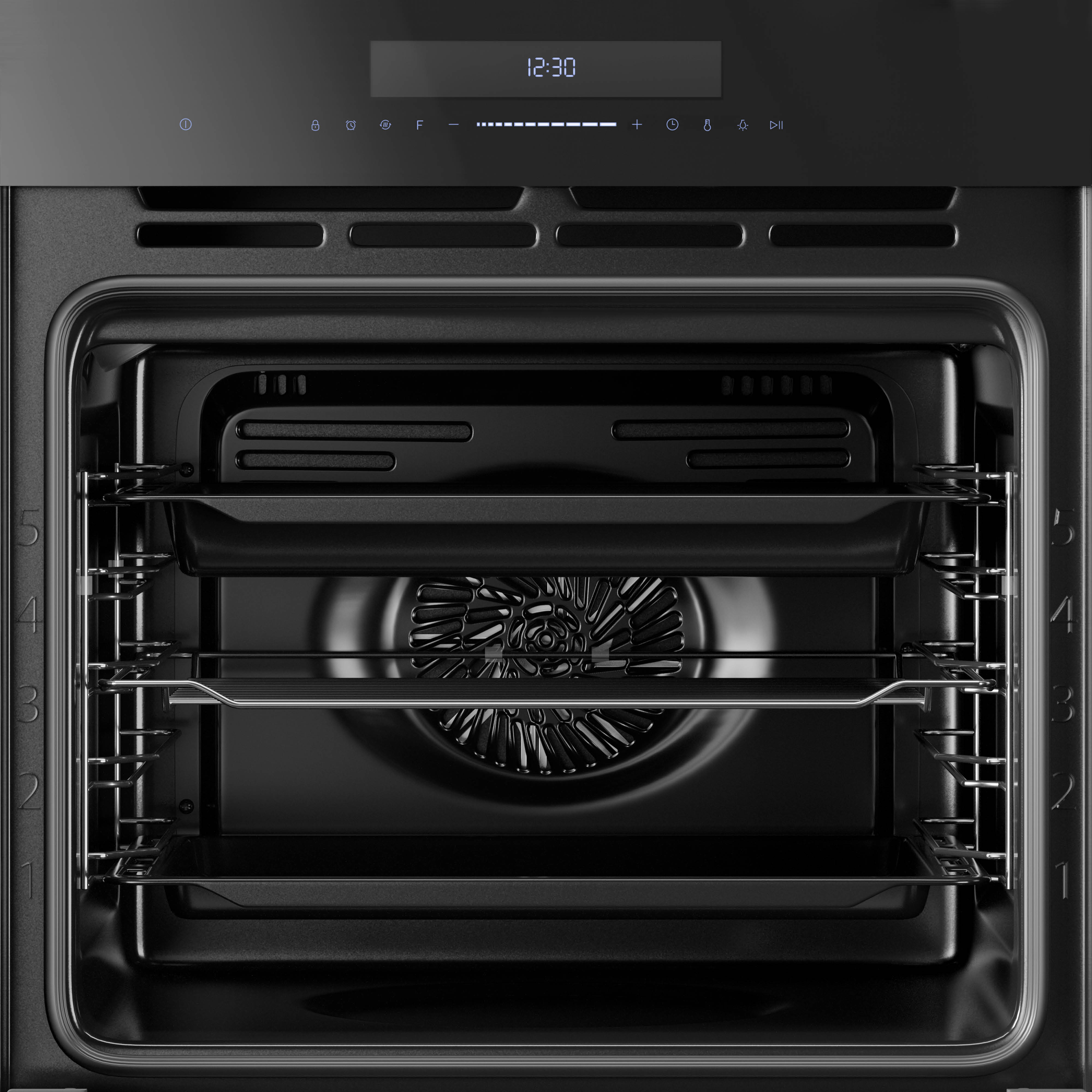A black oven interior is shown, with multiple shelves, a fan, and digital display showing the time. The oven door is open.