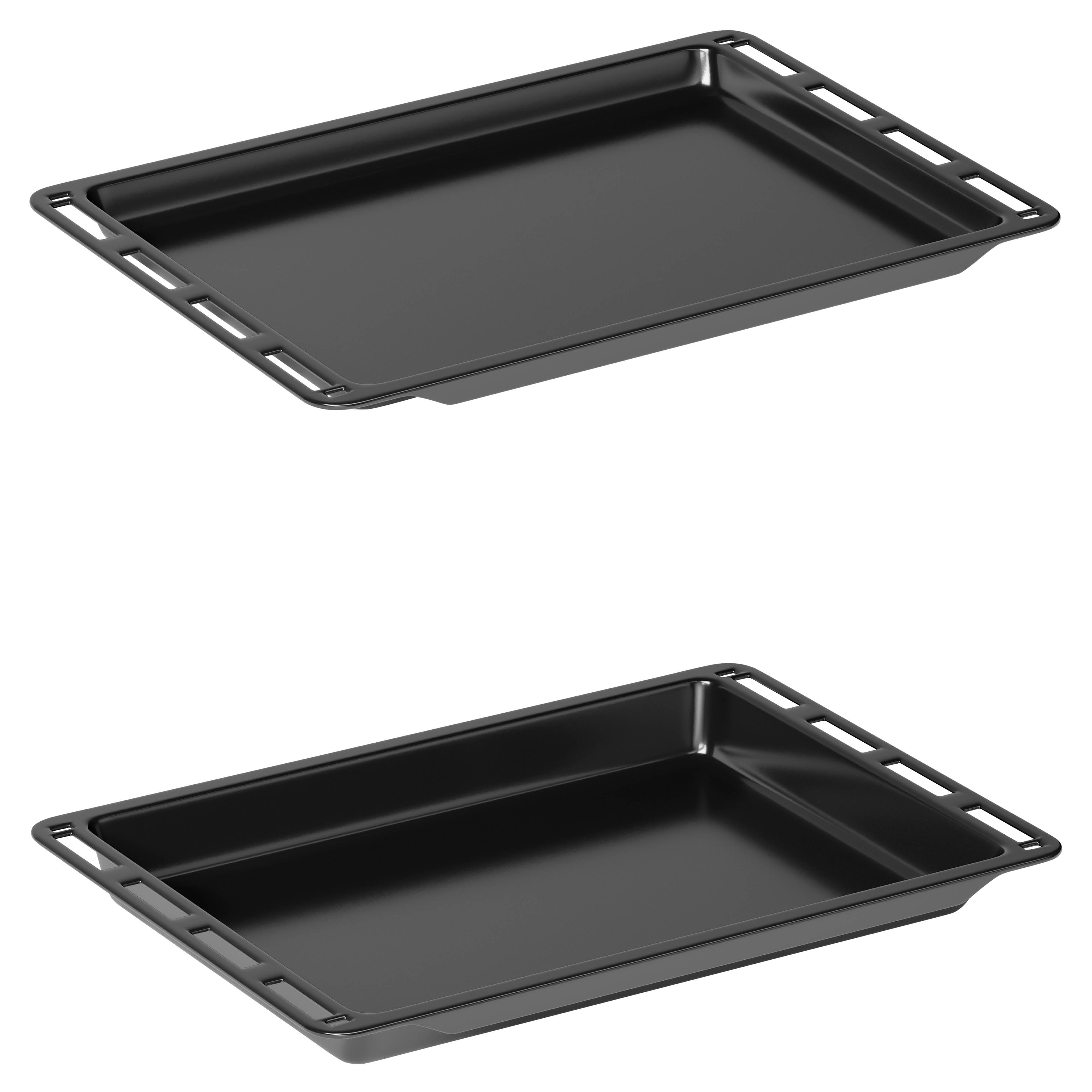Two black oven trays are shown on a white background. The trays are rectangular with slotted edges.
